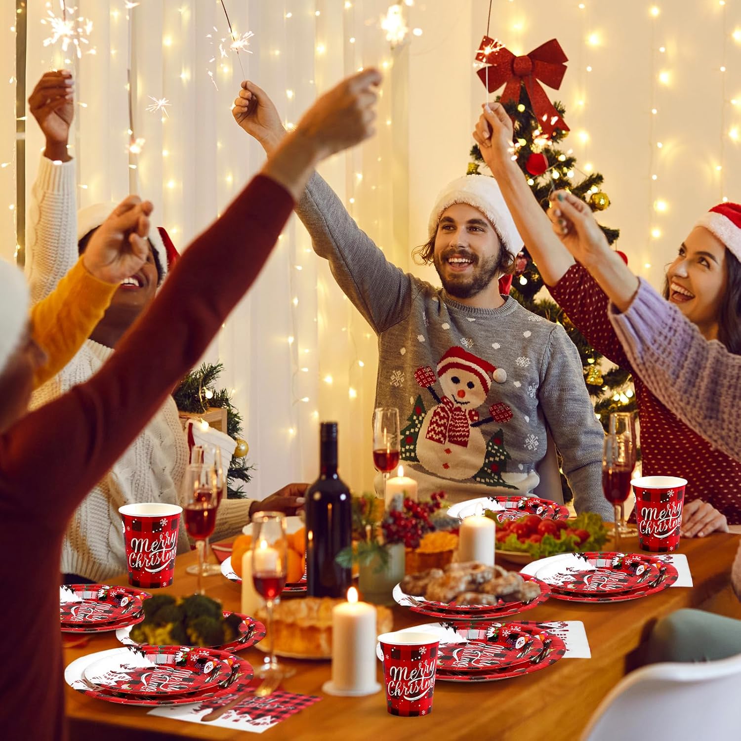 Soaoo Juego de vajilla desechable de Navidad de 400 piezas, incluye 100 platos de papel de Navidad de 9 pulgadas, 100 platos de Navidad de 7