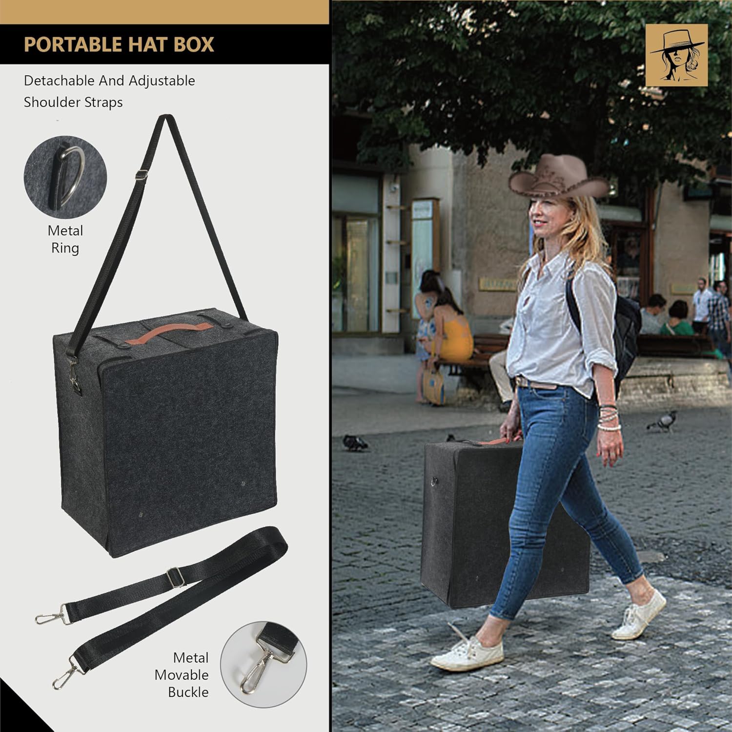 Caja de almacenamiento de sombreros para sombrero de vaquero, funda de almacenamiento cuadrada plegable de ala ancha de viaje, organizador de