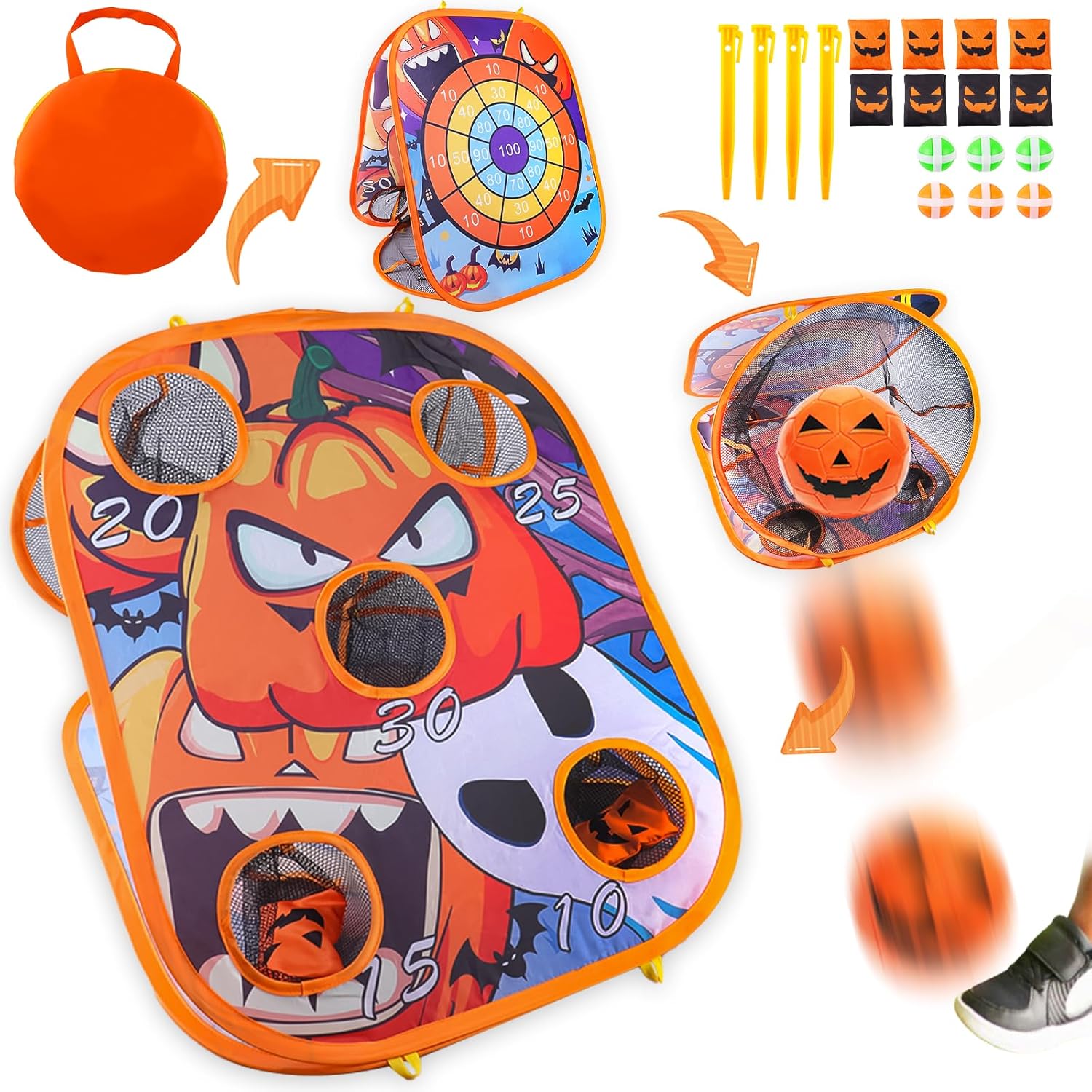 Juego de lanzamiento de bolsas de frijoles de Halloween 3 en 1, juego de pelota de fútbol portátil, juego de dardos, juego de lanzamiento de bolsas