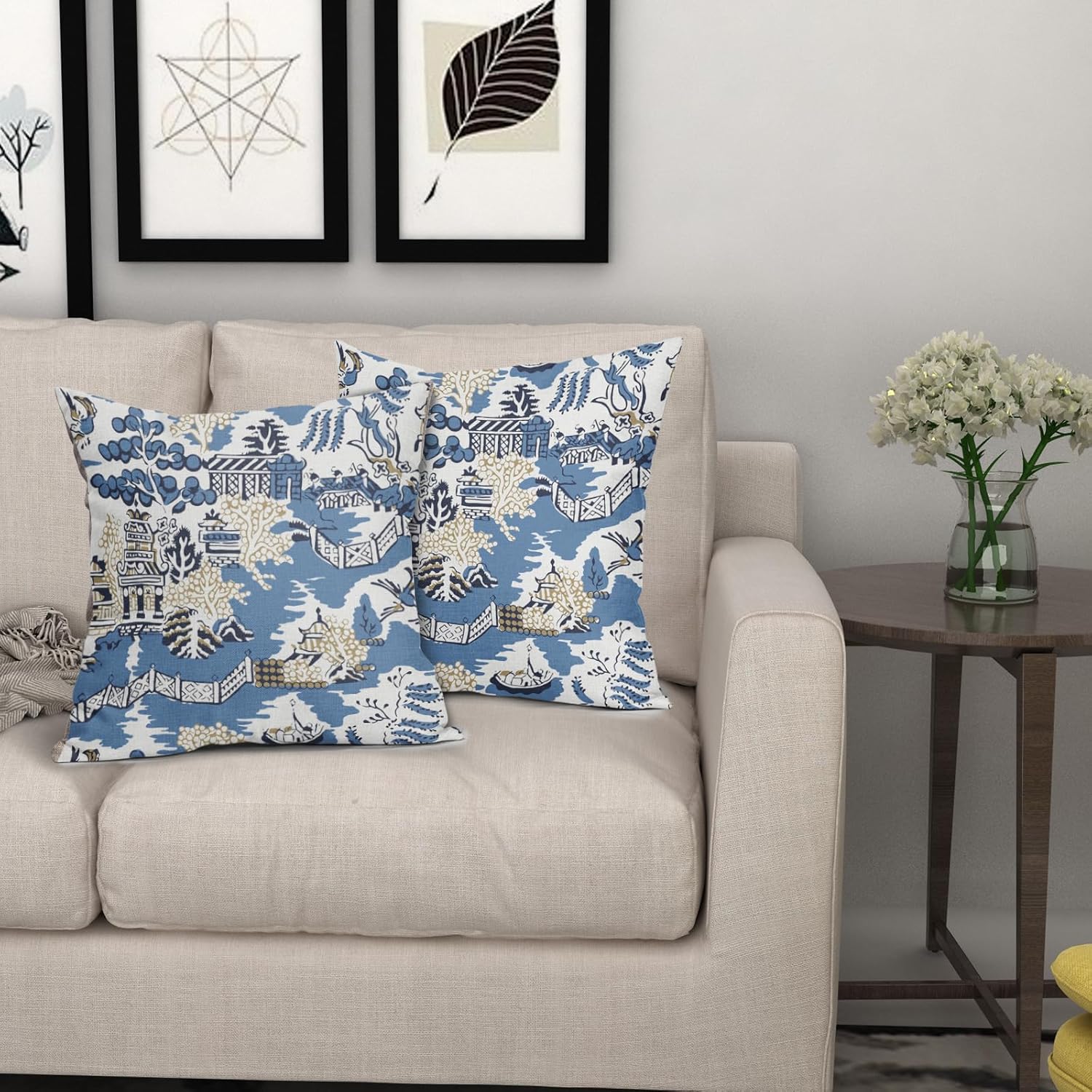 Granbey Chinoiserie – Juego de 2 fundas de almohada elegantes asiáticas escénicas de 18 x 18 pulgadas, pagoda azul marino y blanco, fundas de