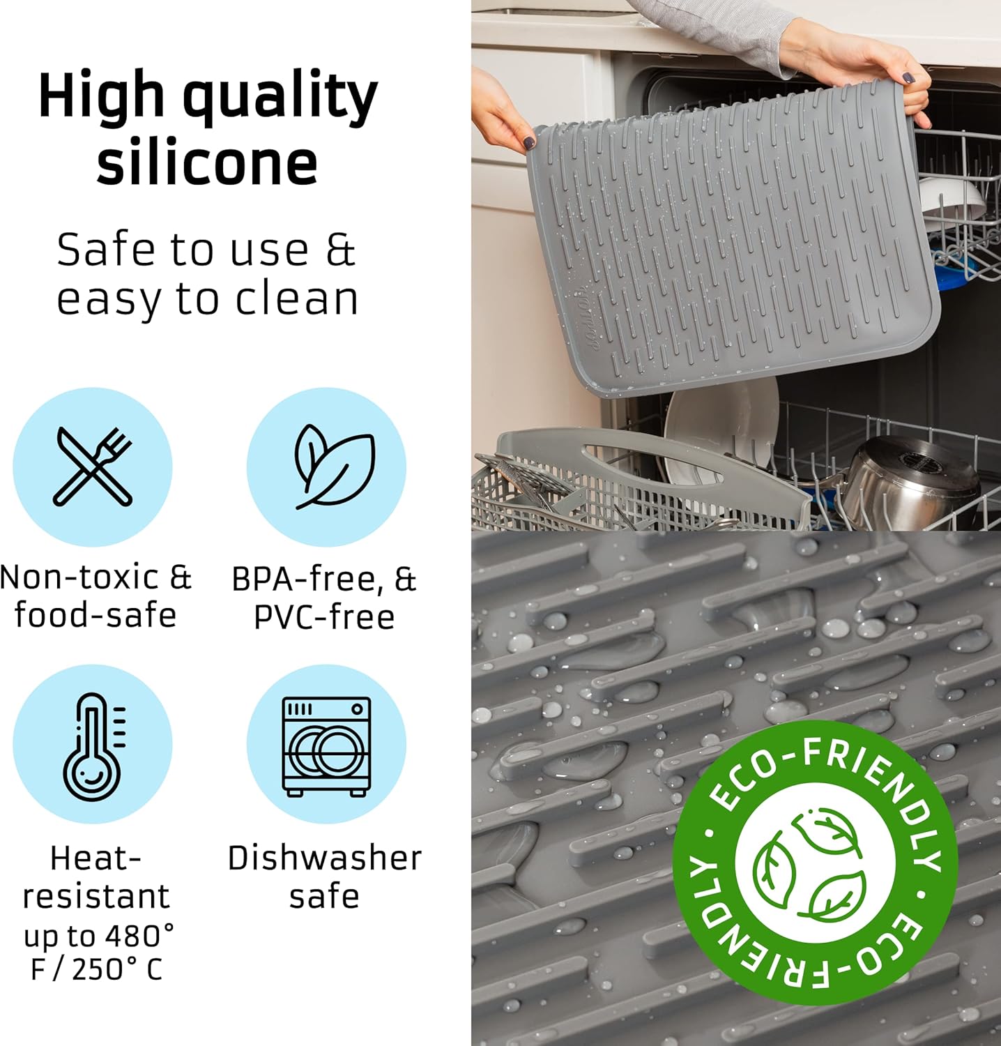 HOTPOP Tapete de secado de platos de silicona gris XXL de 24 x 18 pulgadas y salvamanteles grandes, apto para lavavajillas, resistente al calor,