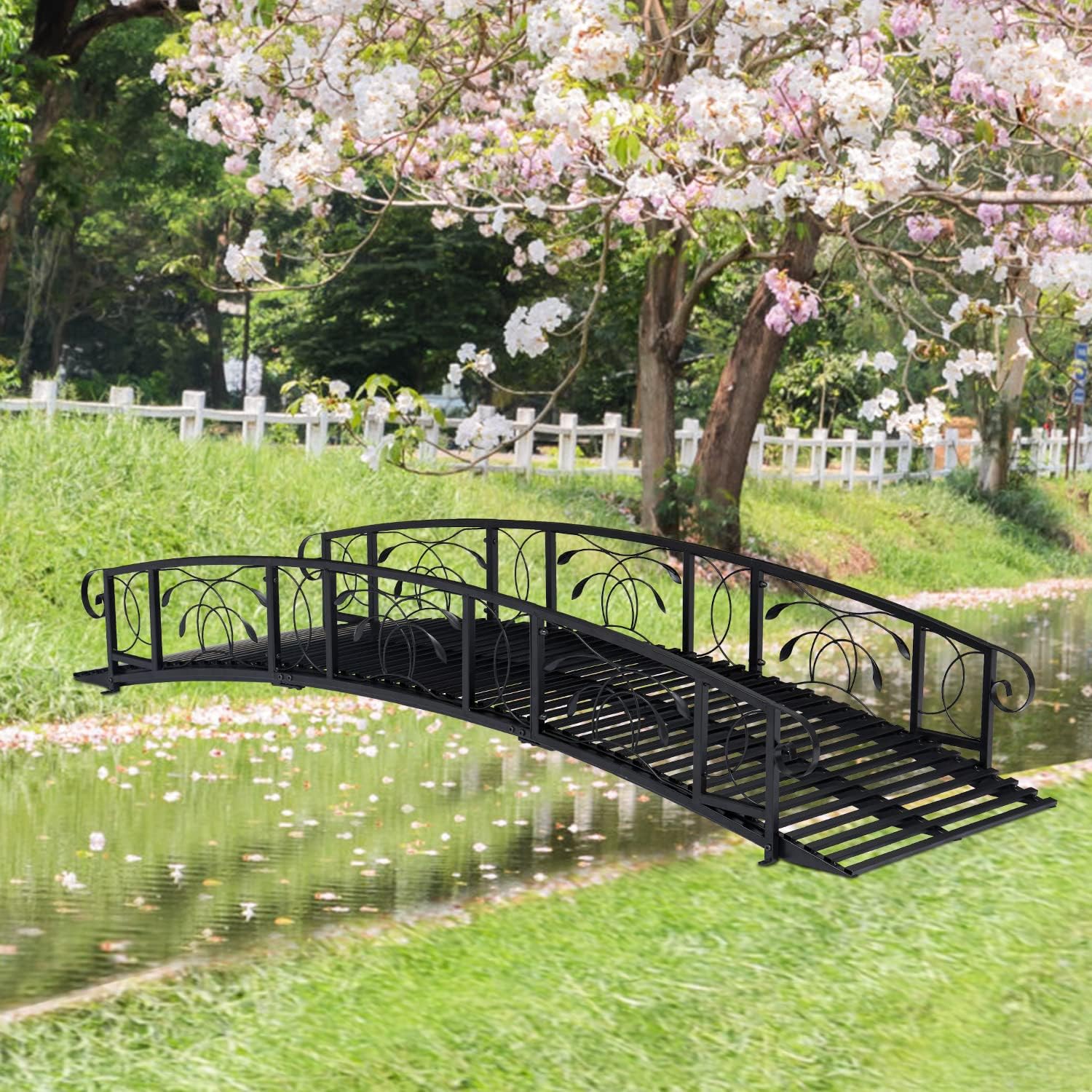 KINTNESS Puente de jardín de 8 pies, puente de metal para camino con barras laterales de seguridad, delicado desplazamiento para patio trasero