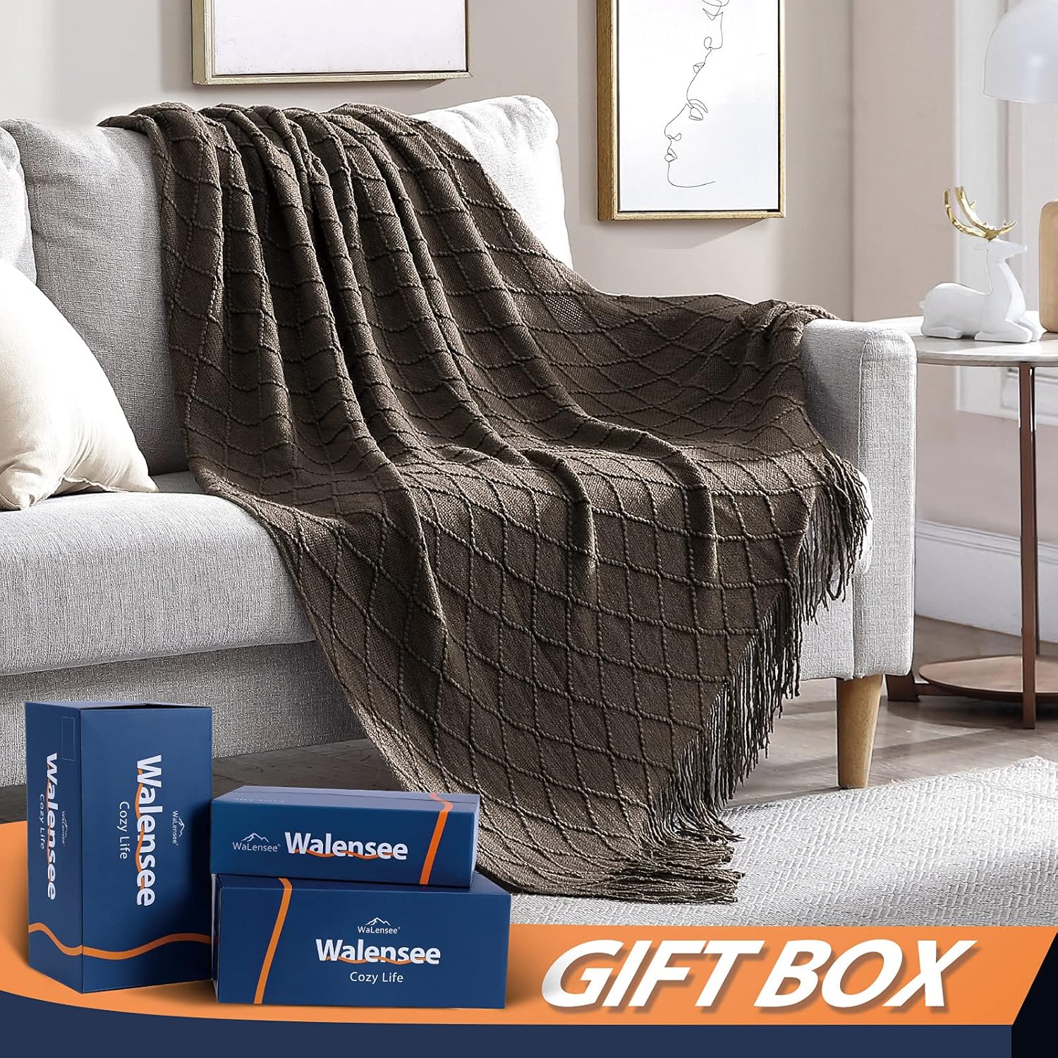 Walensee – Manta para sofá, manta tejida 100% acrílica, manta decorativa ligera con borlas para silla, cama, sofá, viaje, apta para todas las