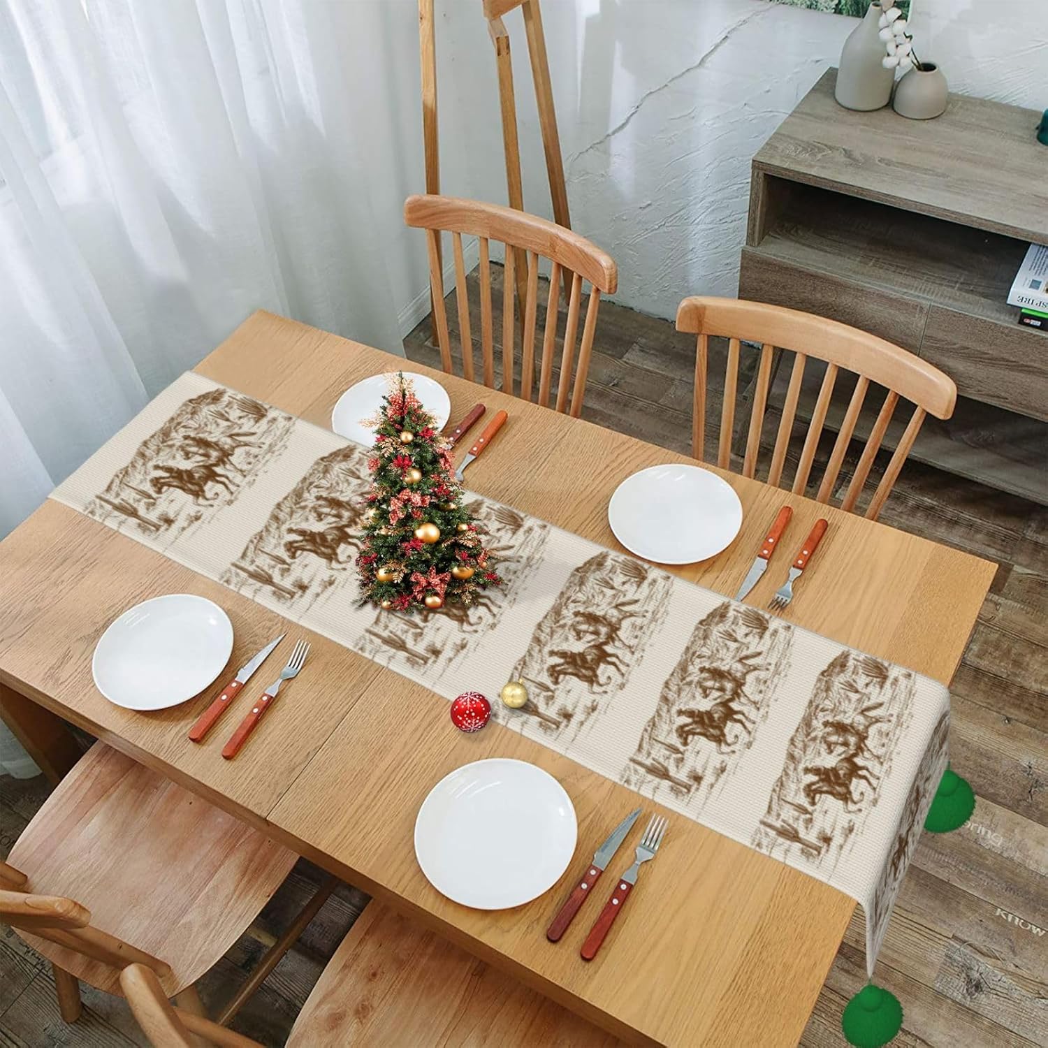 Camino de mesa de Navidad con diseño de vaquero de desierto, decoración de mesa de comedor, decoración de Navidad, decoración de interiores para el