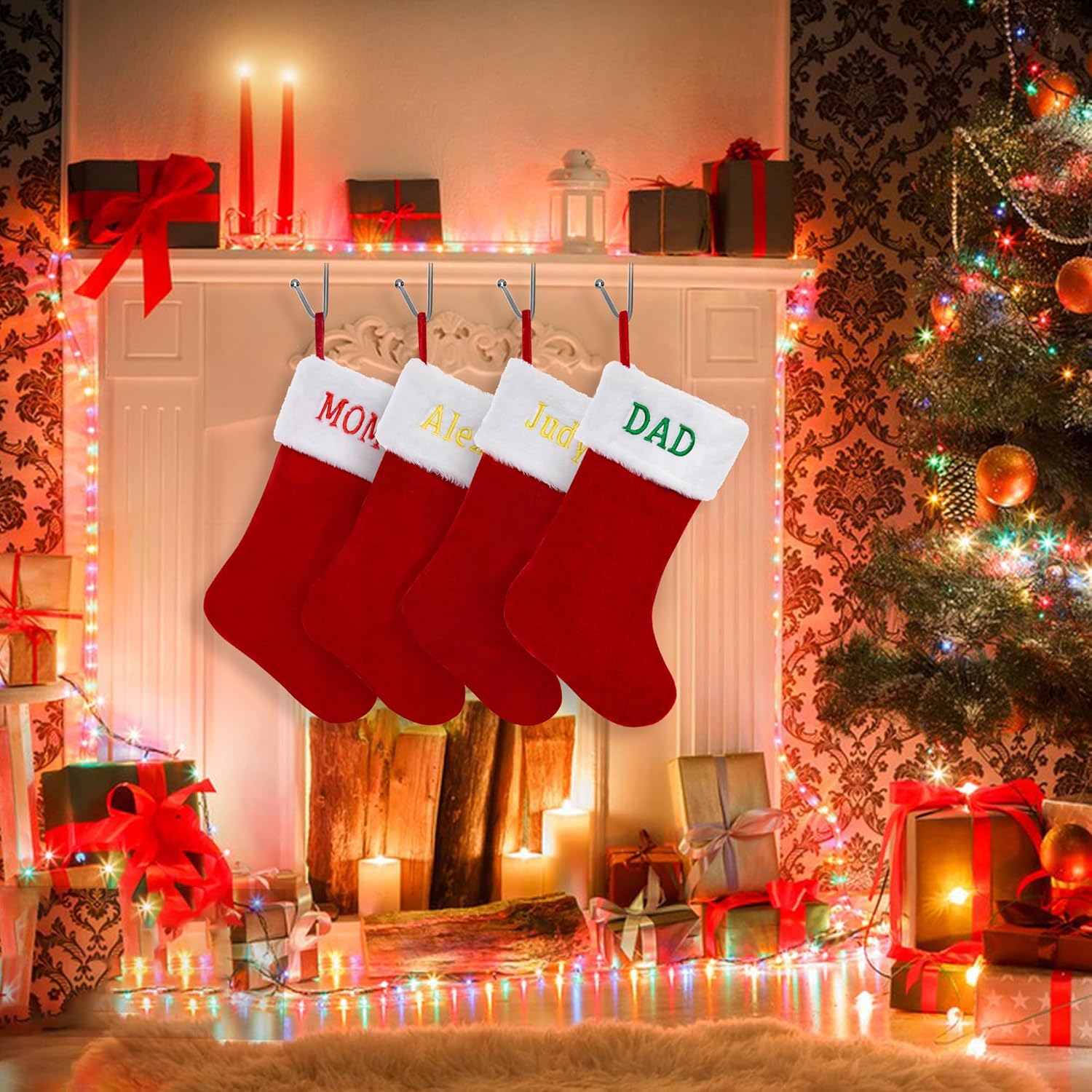 Medias de Navidad personalizadas, medias de Navidad con nombre personalizado, terciopelo rojo con puño de felpa suave blanca para niños, calcetín de