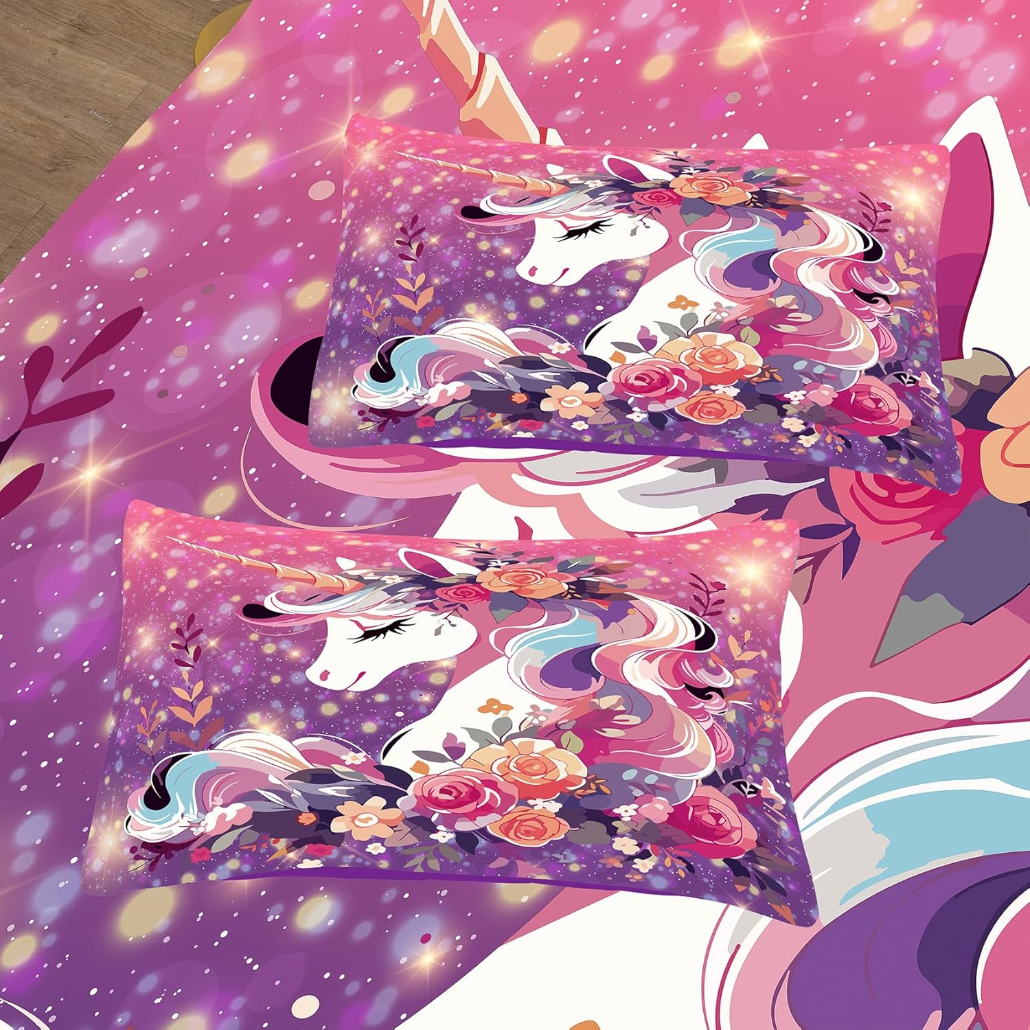 Tailor Shop Juego de ropa de cama de unicornio para niñas, juego de edredón de unicornio rosa y morado, juego de ropa de cama Queen Galaxy para