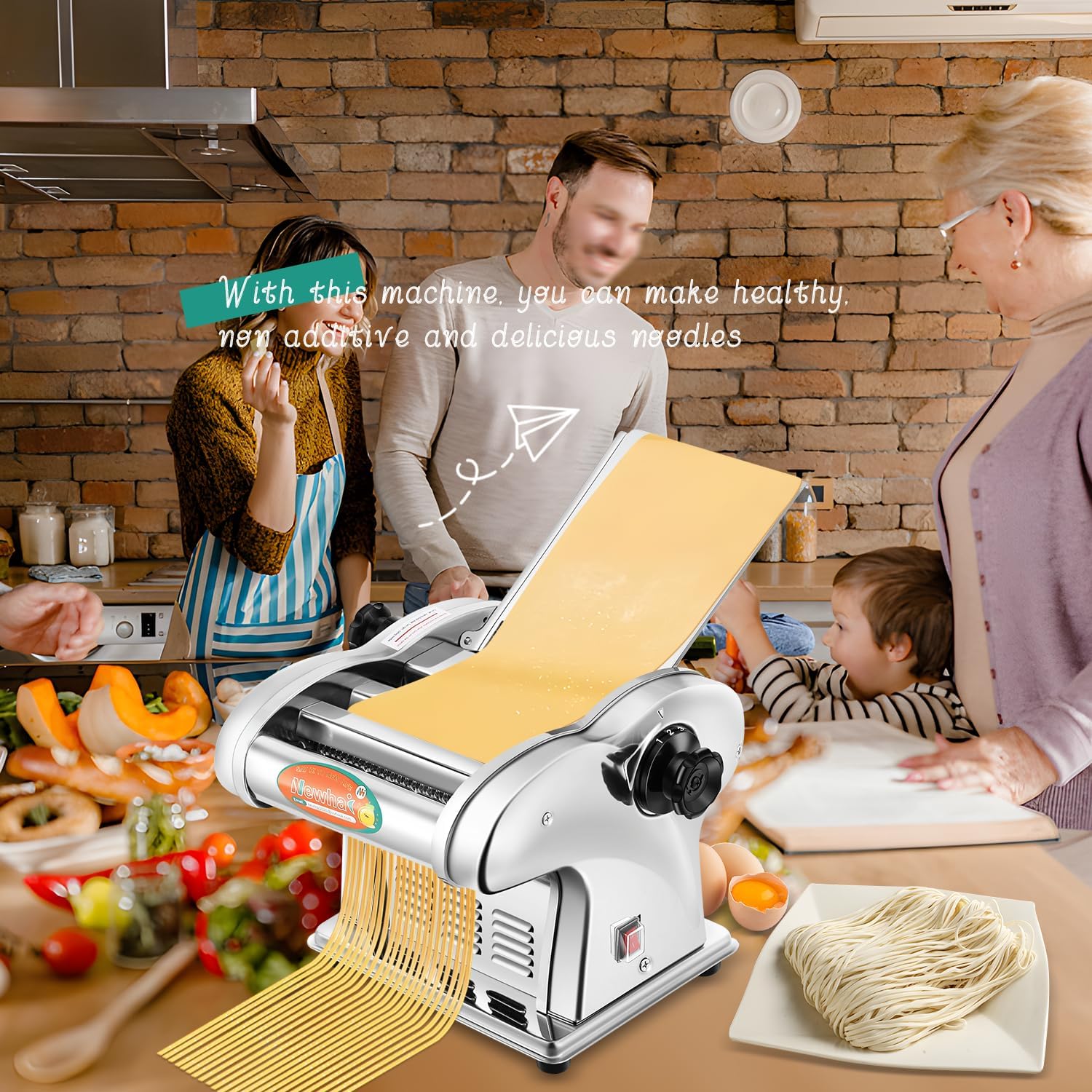 Newhai Máquina eléctrica para hacer pasta, máquina para fabricar fideos familiares, rodillo de masa de 0.098 in, espagueti, 0.157 in de ancho, 0.354