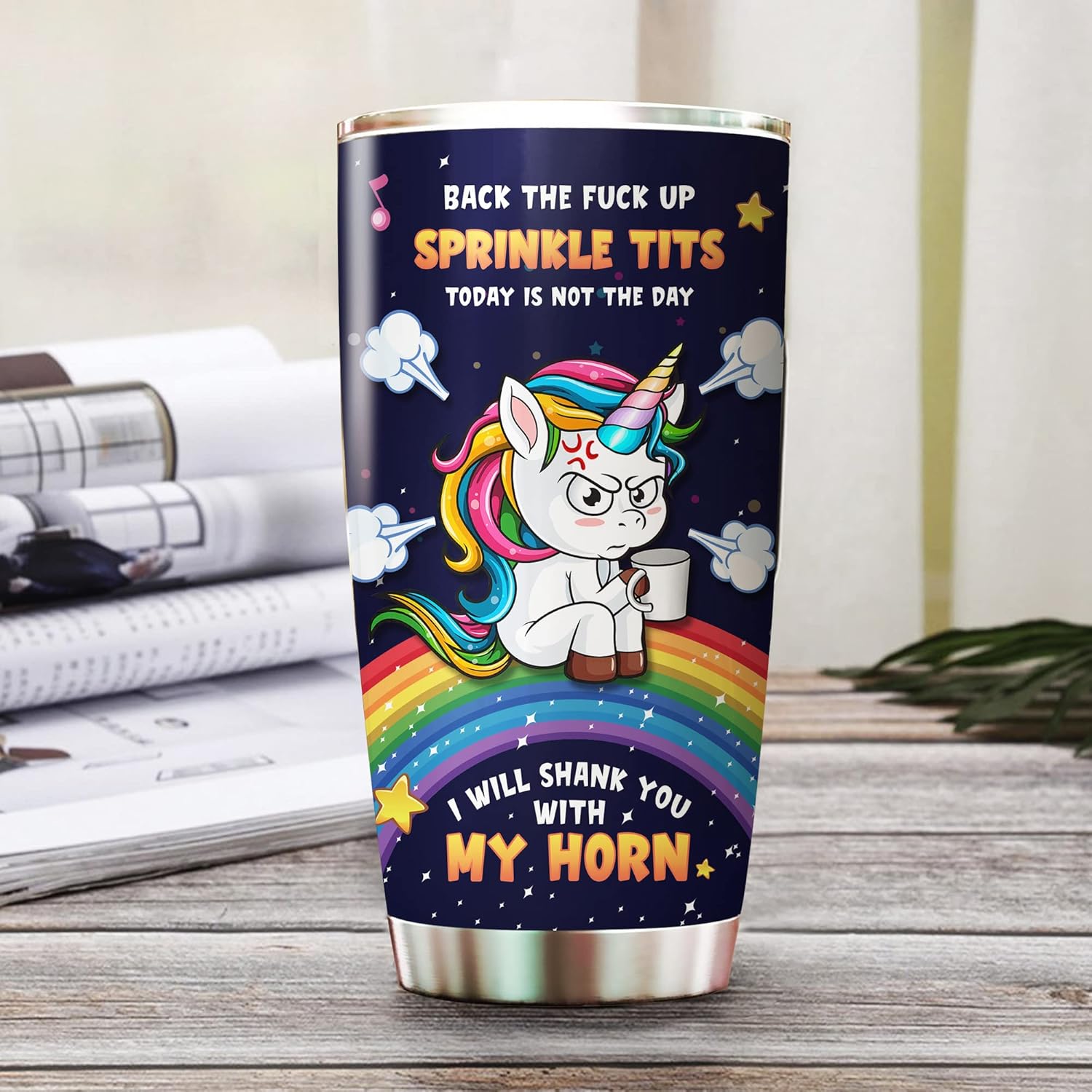 Vaso con tapa con texto en inglés “Unicorn I Will Shank You With My Horn”, taza de café arcoíris, regalo significativo de cumpleaños, regalo de