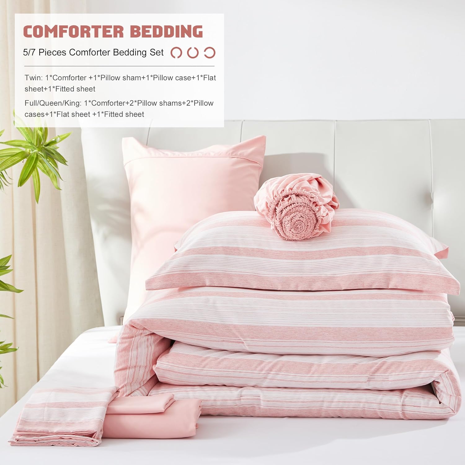 UNILIBRA Juego de edredón rosa tamaño Queen, 7 piezas de ropa de cama a rayas en una bolsa, juegos de ropa de cama ligera de teñido catiónico para