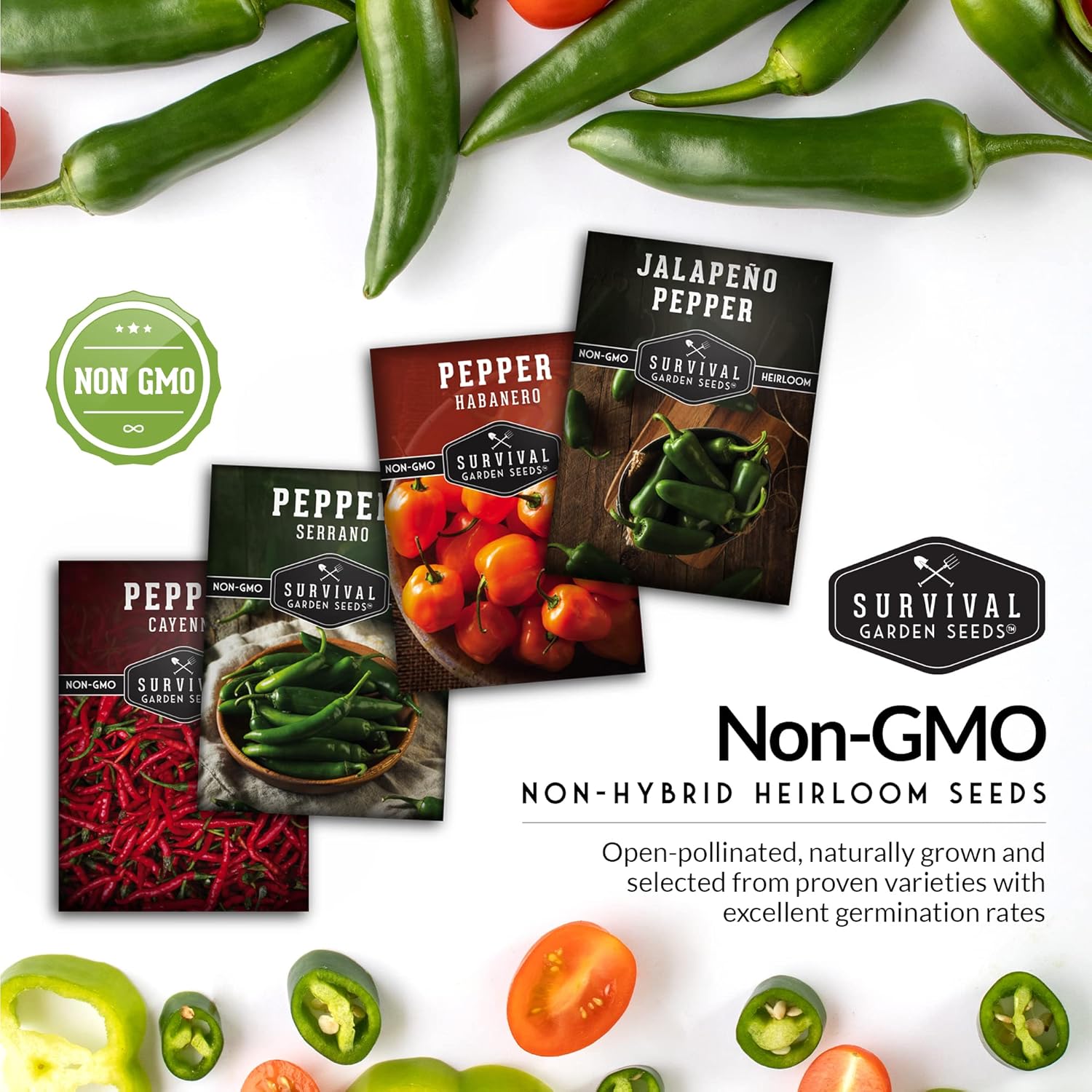 Survival Garden Seeds Bóveda de semillas de colección de pimientos picantes  Cayena, Habanero, Jalapeño y Serrano Paquetes de semillas para cultivar