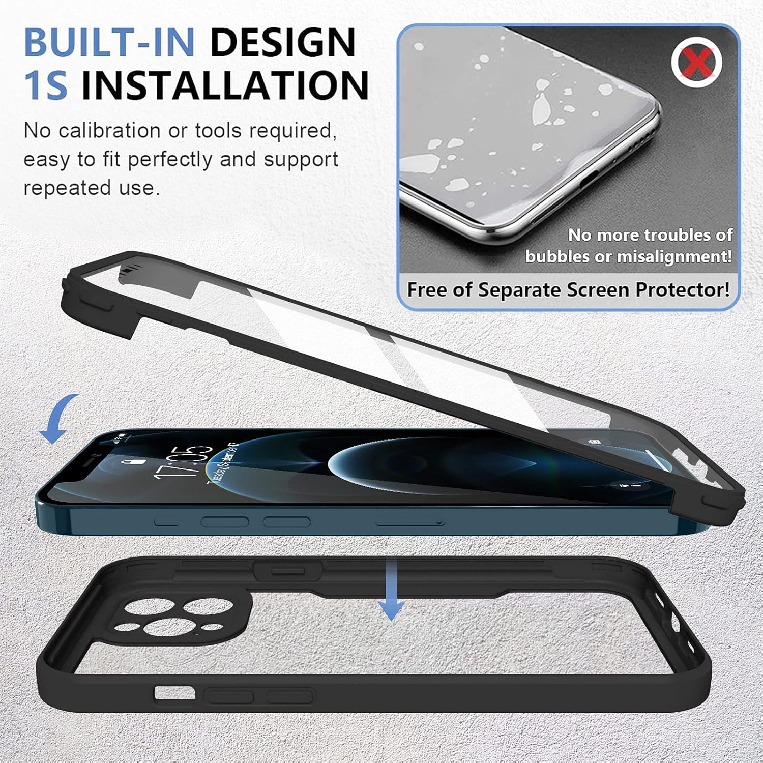 Urarssa Funda compatible con iPhone 12 Pro Max, diseño transparente de cuerpo completo con protector de pantalla integrado, a prueba de golpes,