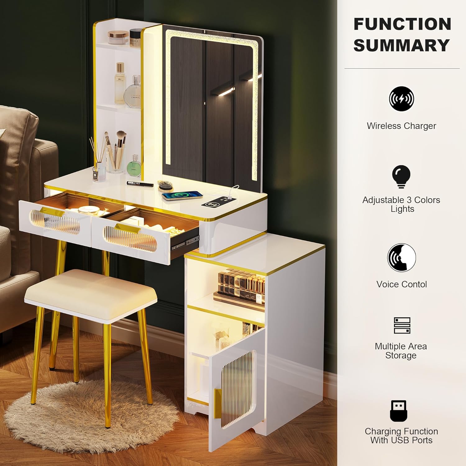 HNEBC Escritorio de tocador con espejo y luces, juego de tocador blanco con USB B & tipo C y carga inalámbrica, tocador de maquillaje con