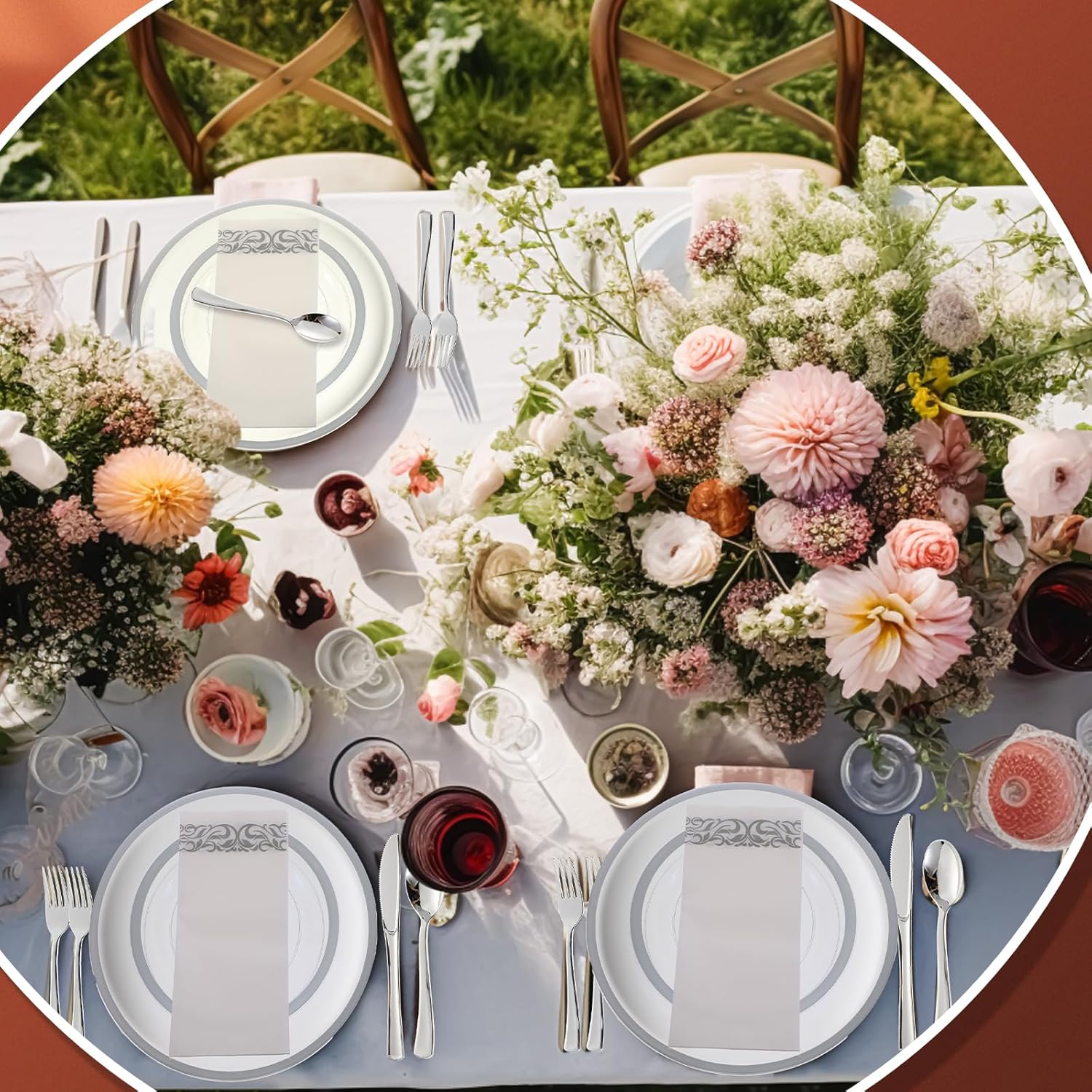 Juego de 225 platos de plástico transparente con borde para fiesta, vajilla desechable para 25 invitados, platos de plástico para fiestas,