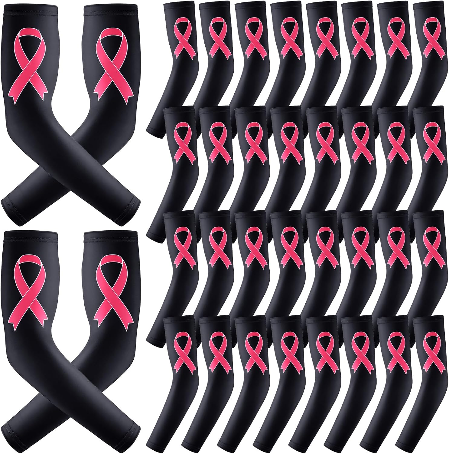 Zhehao 18 pares de mangas de concientización sobre el cáncer de mama, mangas de compresión para brazos con cinta rosa, mangas de compresión para