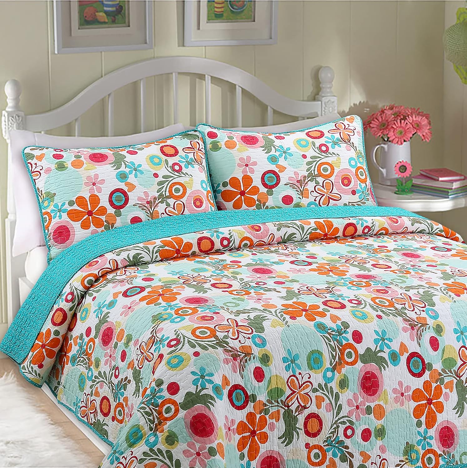Cozy Line Home Fashions Juego de ropa de cama reversible 100% algodón reversible para niña, color rosa, verde, azul, naranja (Queen, 3 piezas 1