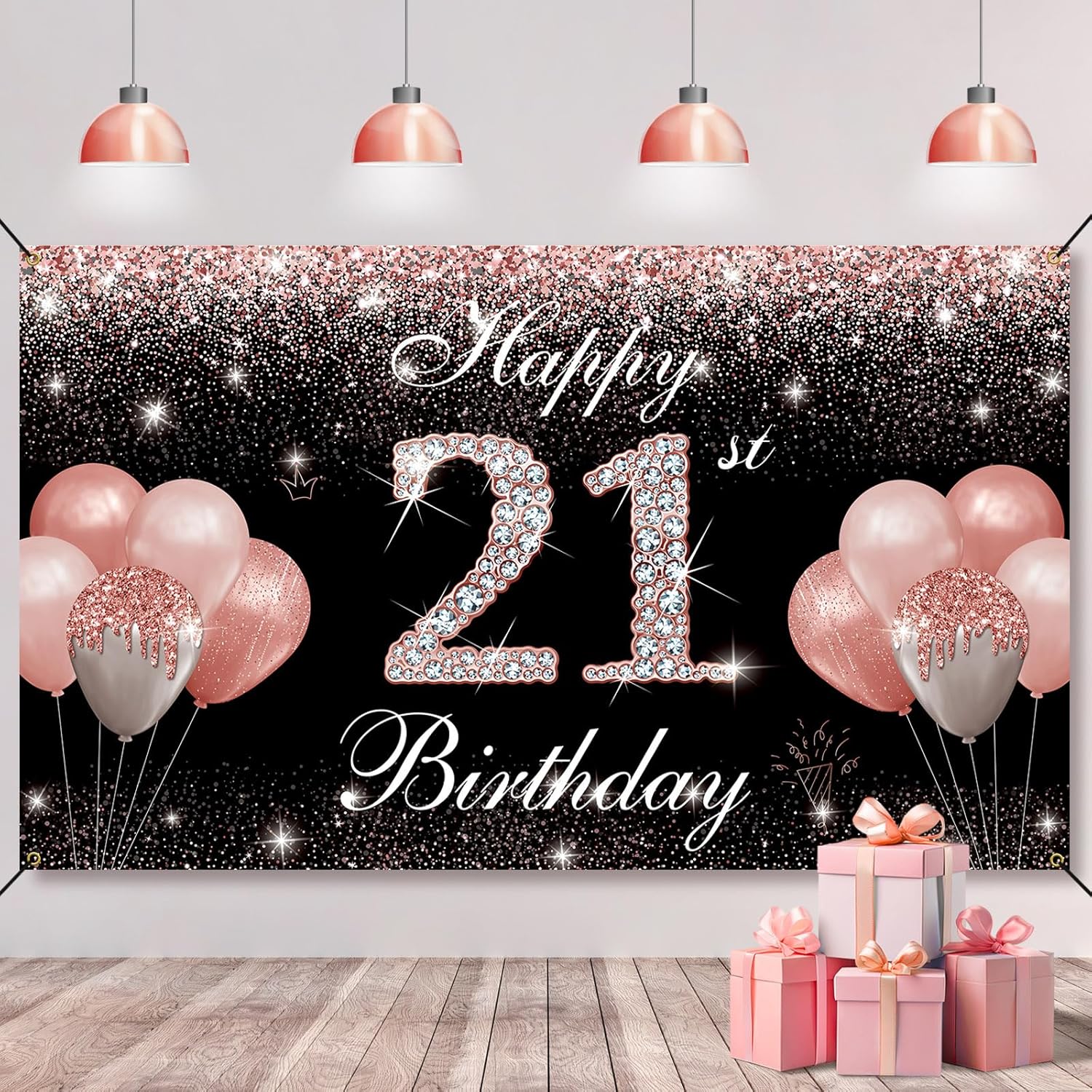 Decoraciones de 21 cumpleaños para ella, oro rosa, pancarta de fondo de feliz cumpleaños 21, fiesta de cumpleaños de 21 años, accesorios de cabina