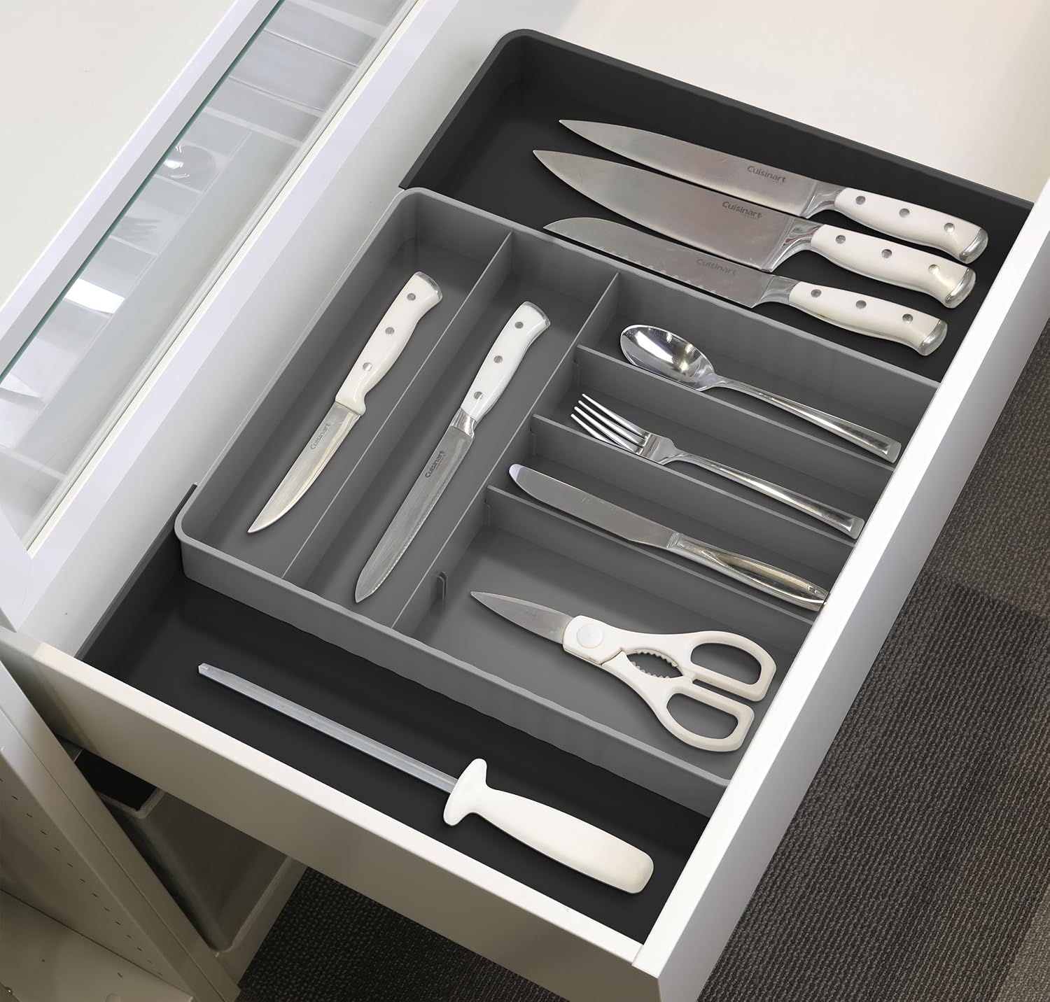 Simple Houseware Organizador de cubiertos para cajones de cocina, negrogris