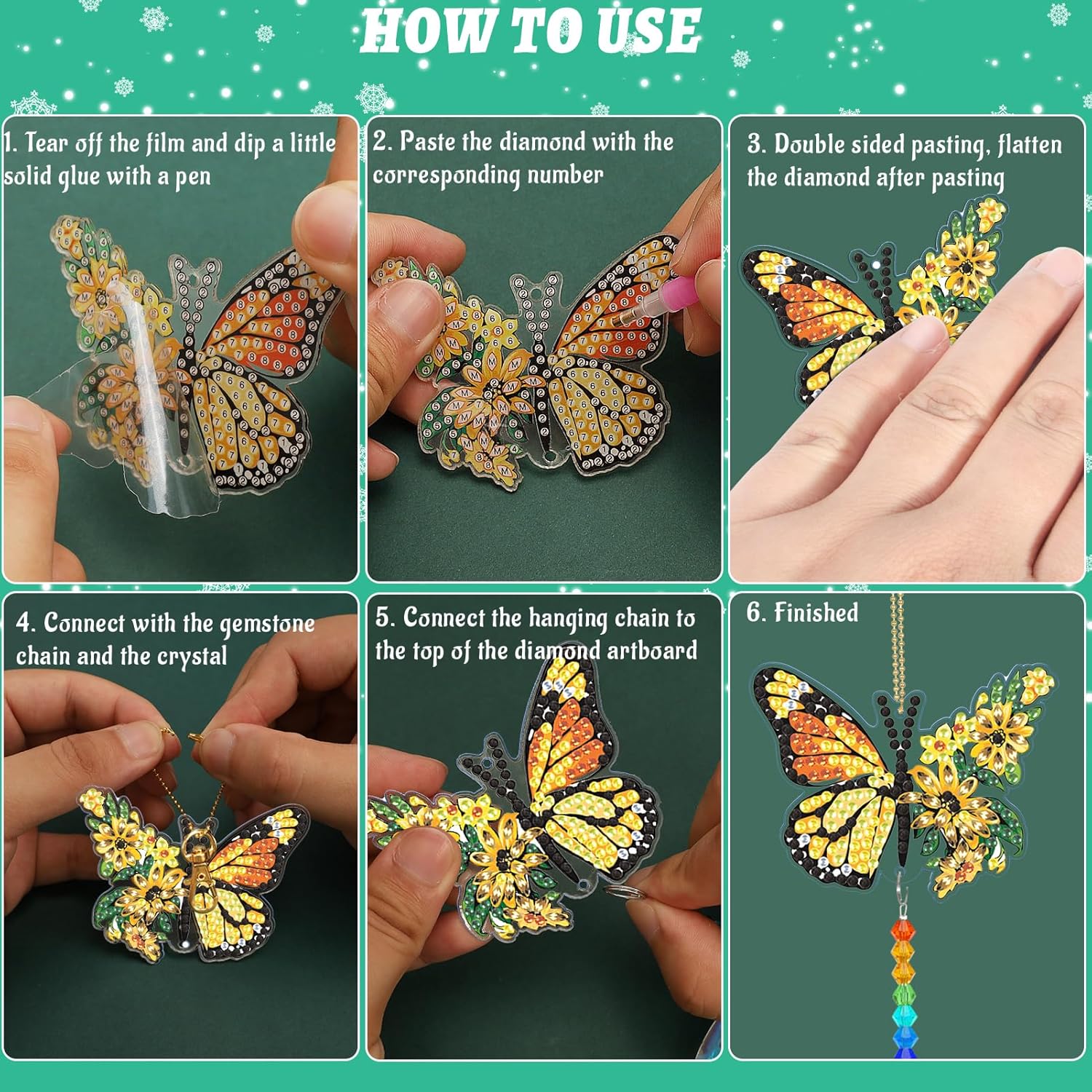 8 piezas de pinturas de diamantes de mariposa, atrapasoles de doble cara, pinturas de diamantes 3D de doble cara, pintura de campanilla de viento