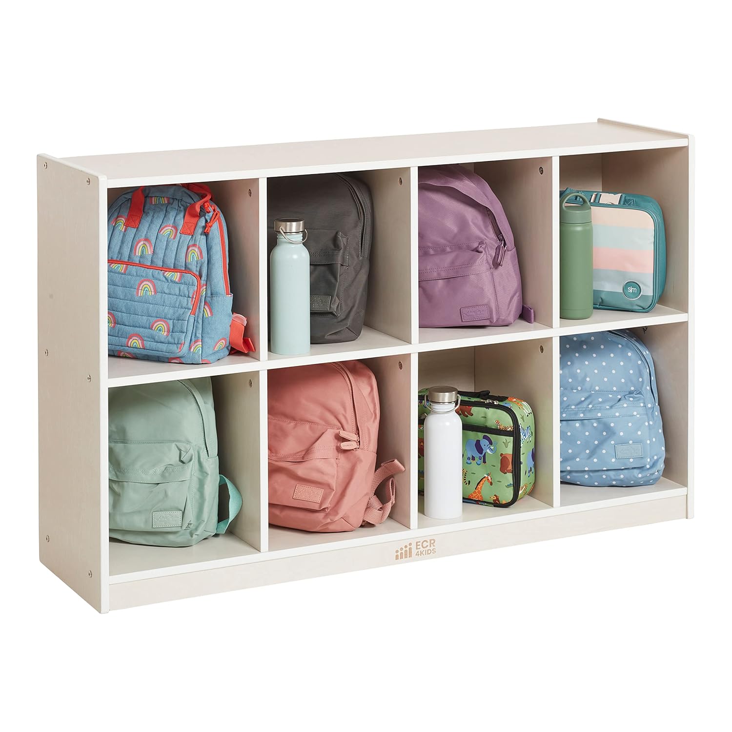 ECR4Kids Gabinete de almacenamiento movible de 8 compartimientos para mochilas, muebles de aula, color blanco lavado