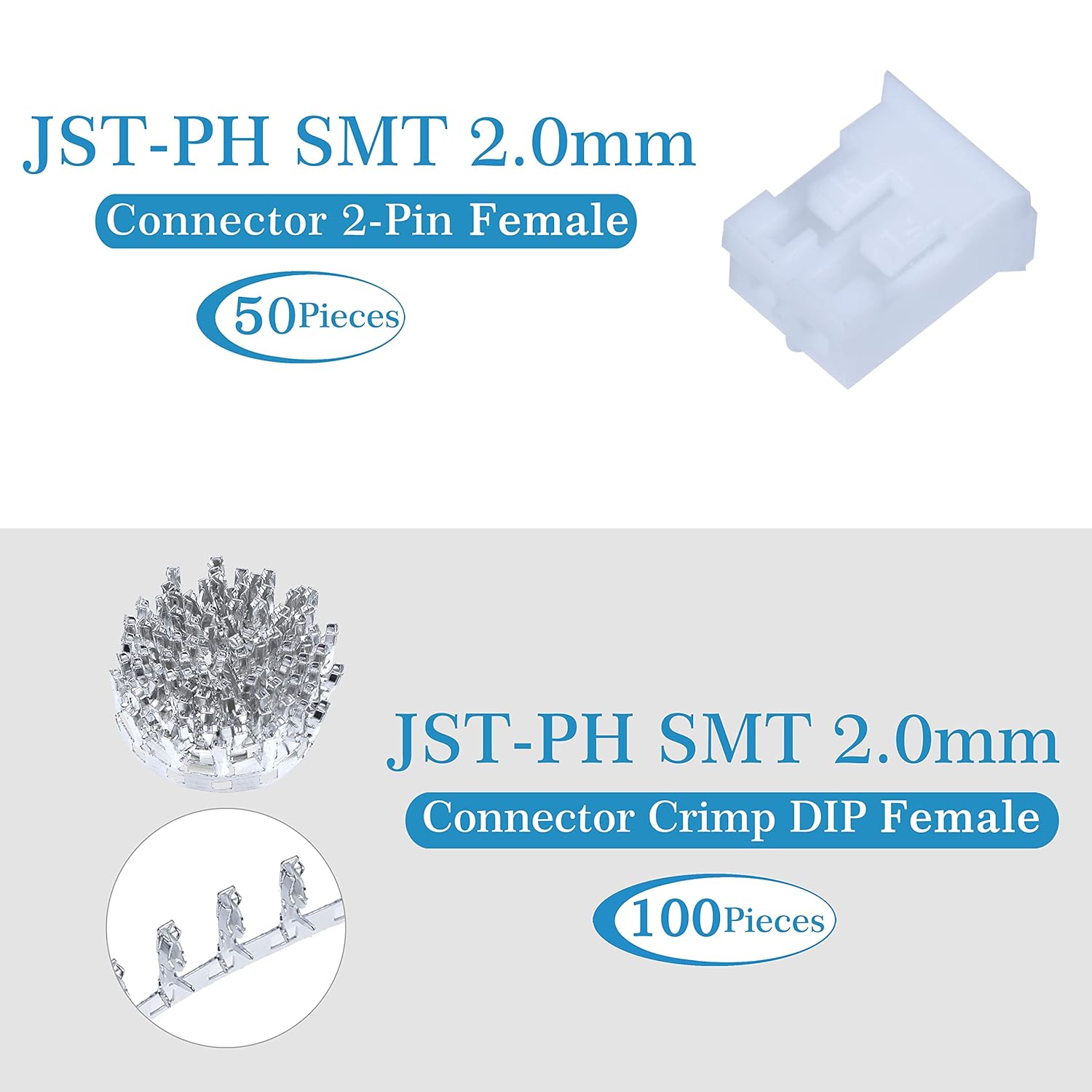 50 juegos200 piezas de 0.079 in de paso JST PH SMT 2-Pin IC Sockets & Plugs Adaptador Conector Macho y Hembra, Kit de DIP de crimpado. para cable de