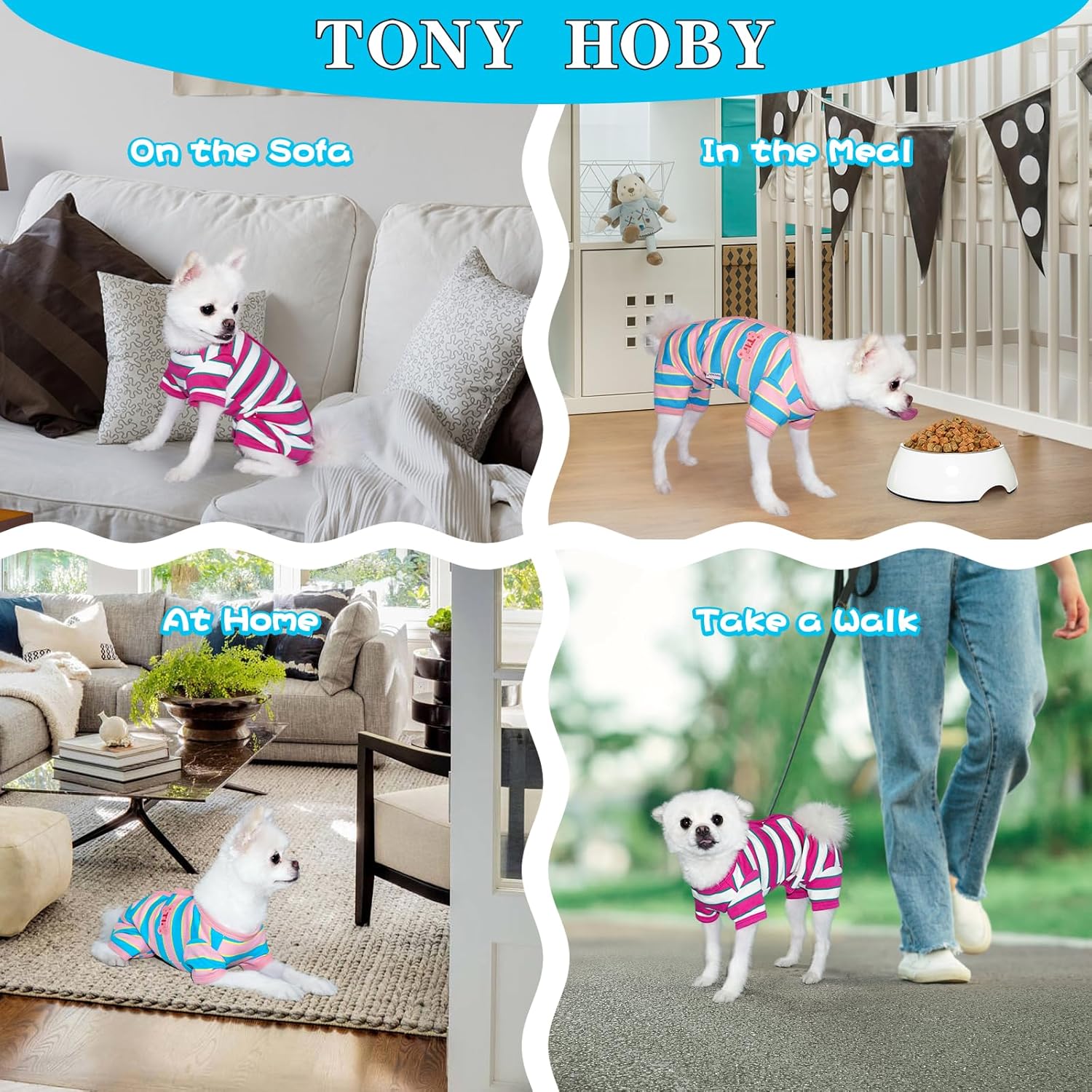 TONY HOBY Pijama para perro hembra, camisa para perro con rayas coloridas, ropa para mascotas para perros pequeños y medianos (rosa y azul, niña, L)