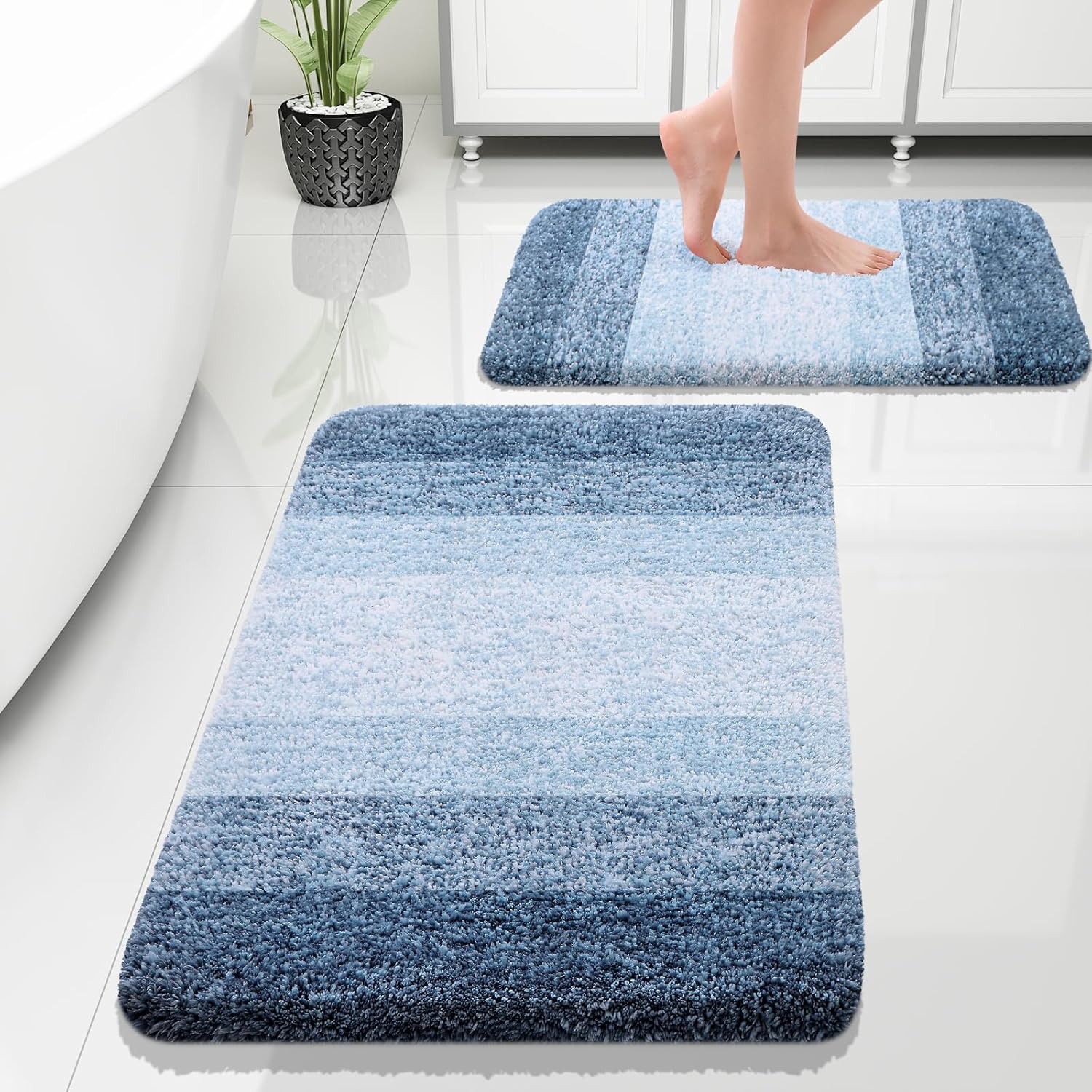 OLANLY Alfombra de baño y aseo en forma de U, tamaño 24 x 20 pulgadas, juego de alfombras de baño de 30 x 20 + 24 x 16 pulgadas, color azul marino,