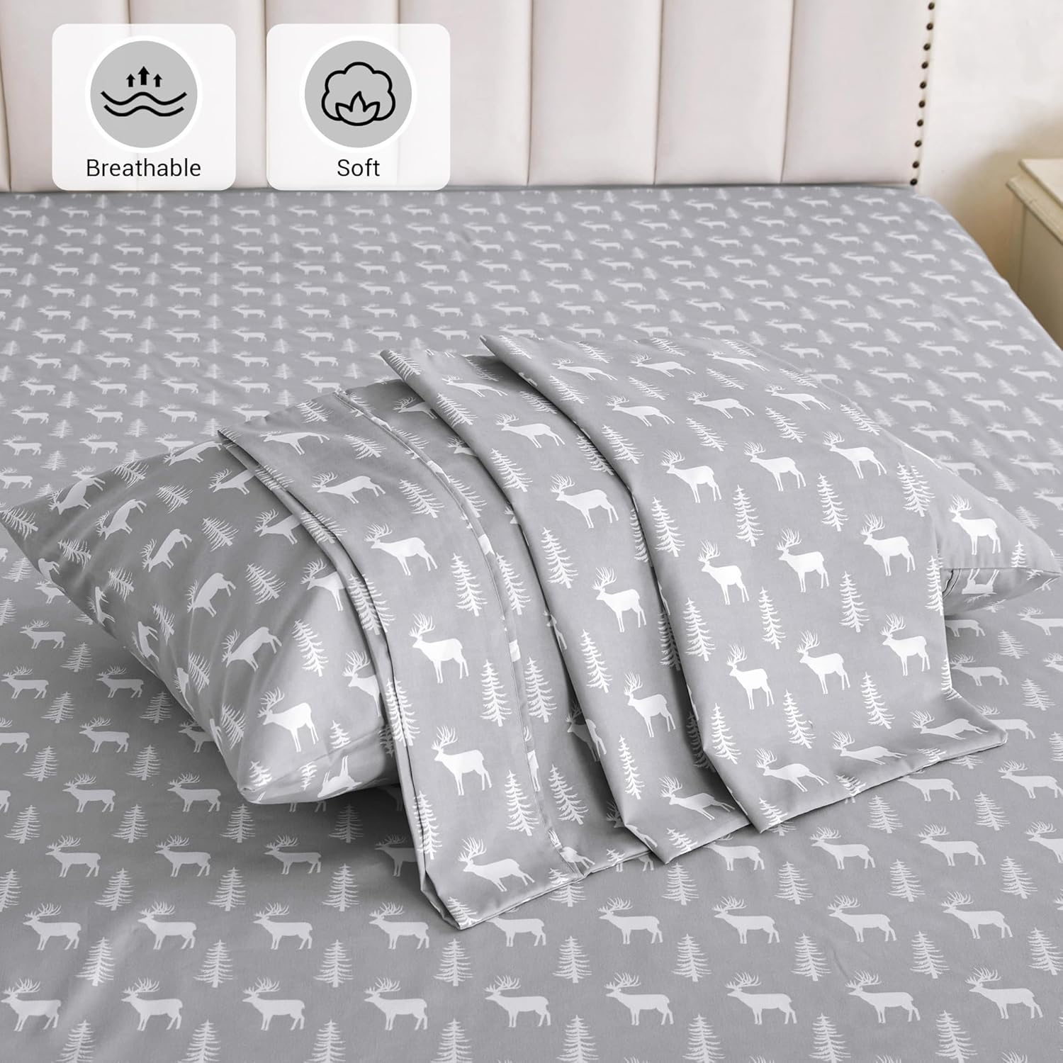 Sábanas estampadas de tamaño Queen, sábanas de vacaciones de Navidad, sábana bajera ajustable de microfibra cepillada con bolsillo profundo de 15