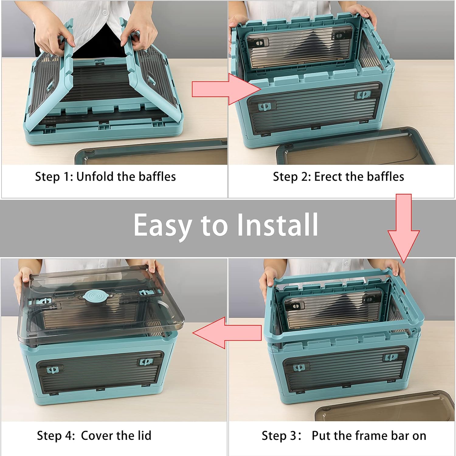BTSKY Paquete de 2 contenedores plegables de plástico transparente de 4 puertas con tapa y ruedas de 20 litros, caja de almacenamiento plegable
