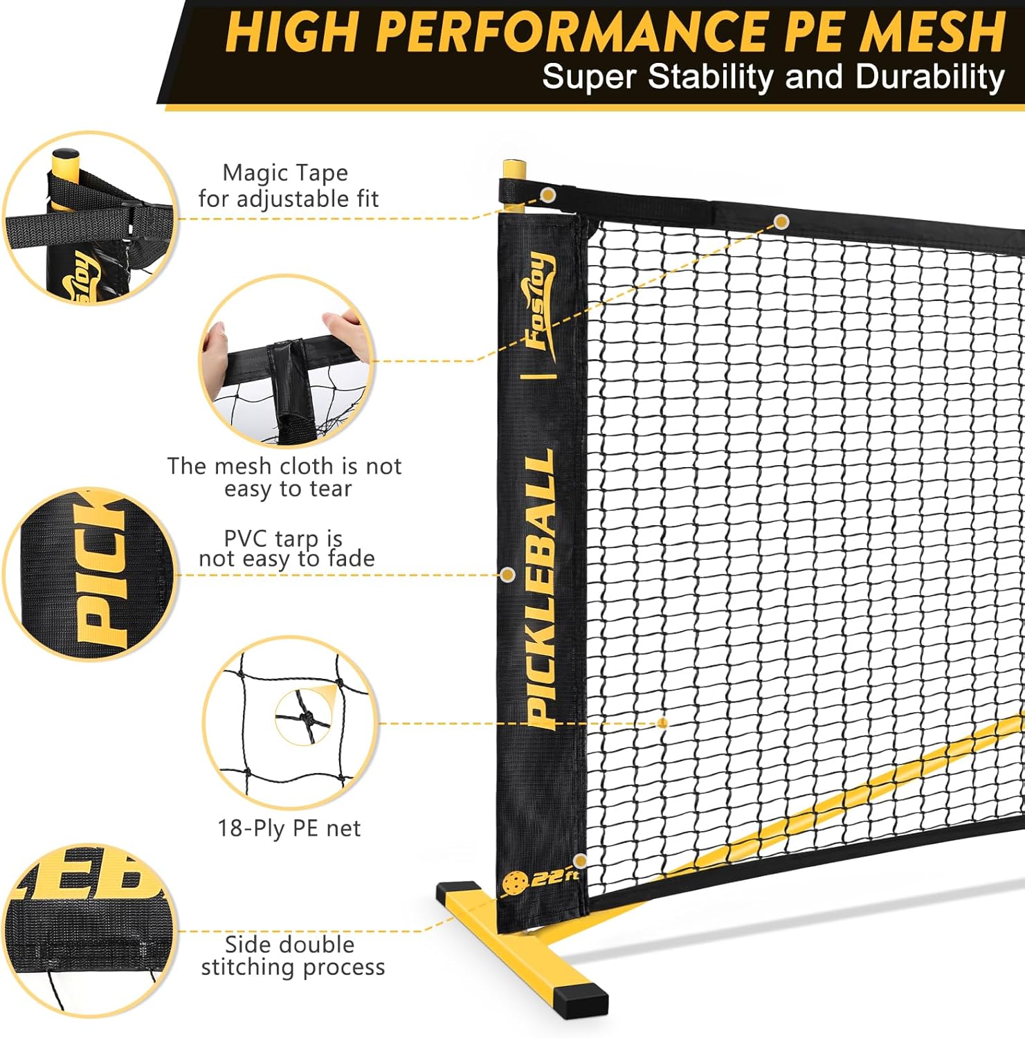 Fostoy Pickleball Net, 22FT Regulation Size Portable Pickleball Net,18-Ply PE Nets Weather Resistant Steady Metal Frame Pickle Ball Net System with