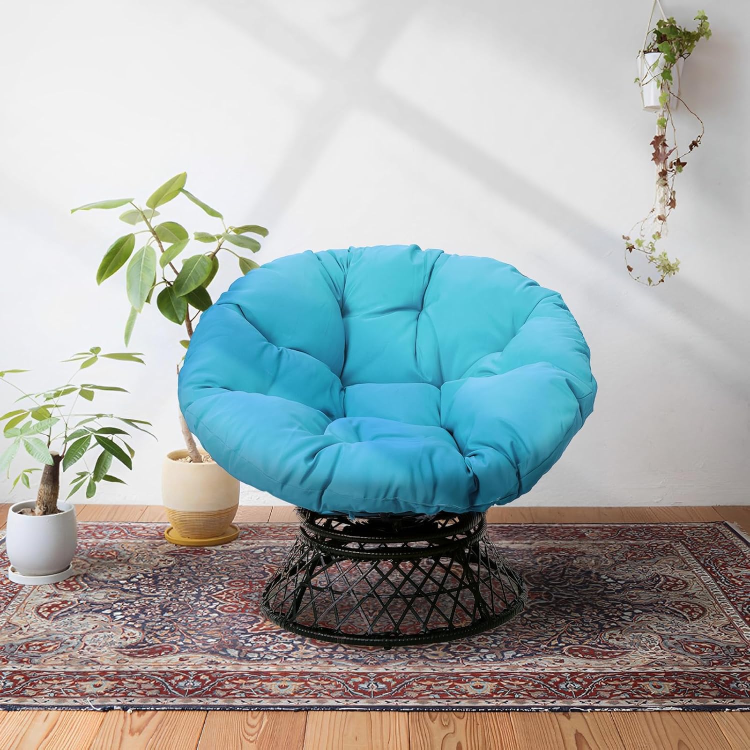 Silla Papasan giratoria de mimbre de ratán de 360 con base grande y cojín para sala de estar, dormitorio, sala de lectura, sala de ocio (azul lago)