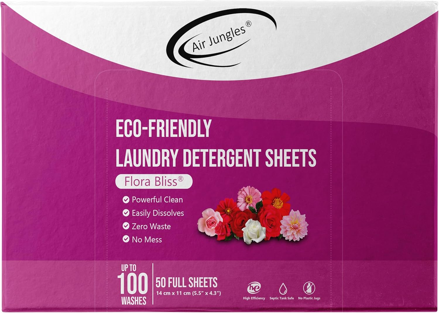 Air Jungles Hojas de detergente para ropa sucia de 50 hojas, aroma Flora Bliss, hasta 100 lavados, ecológicas, fáciles de usar, solución cero