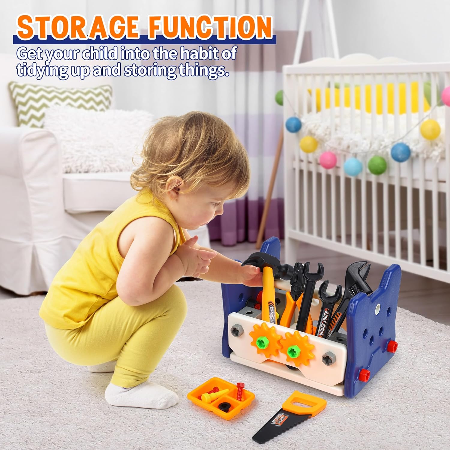 Skirtoy Juego de herramientas para niños, 54 piezas de herramientas para niños con taladro eléctrico, juguetes desmontables para niños pequeños,