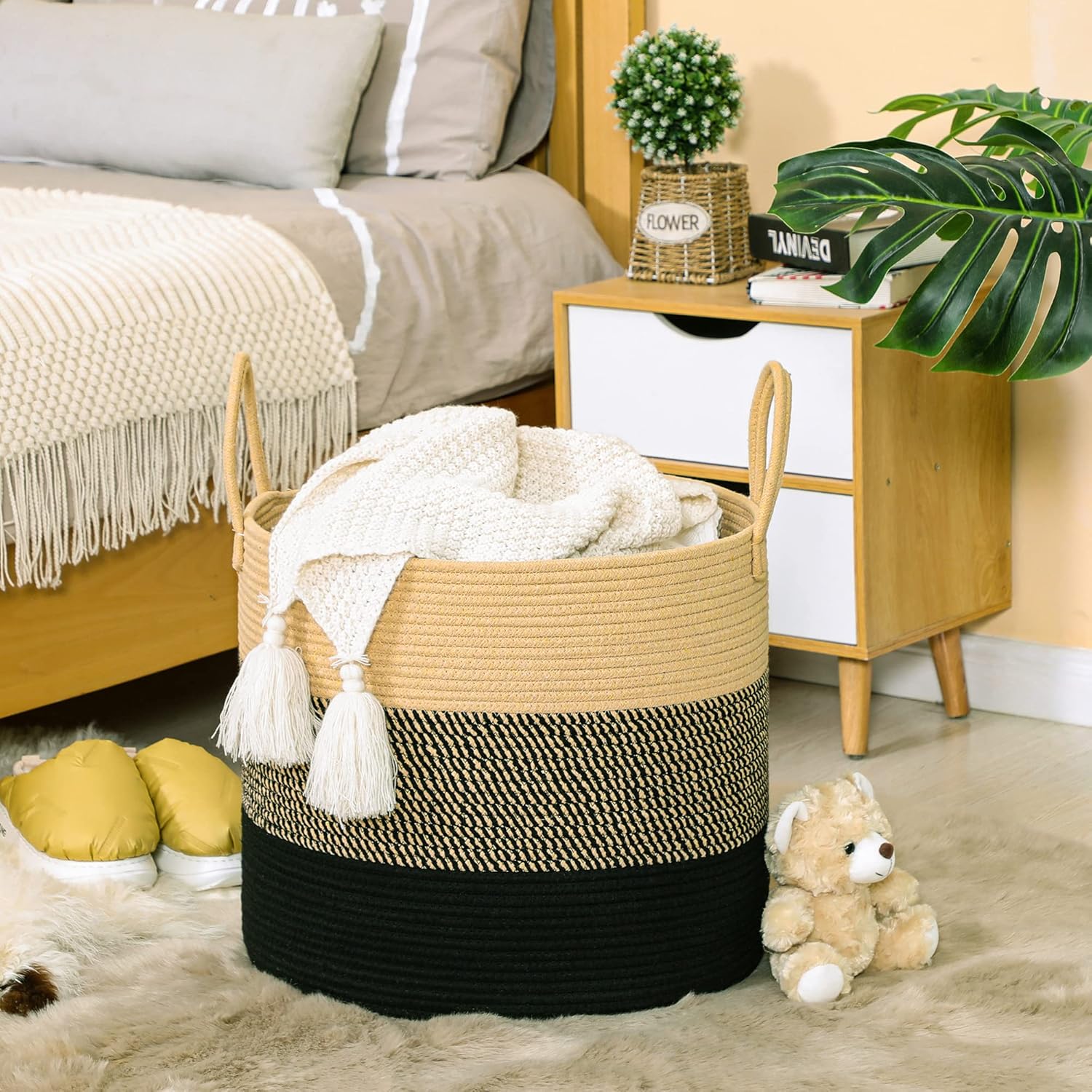 KAKAMAY Cesta grande para mantas (18 x 18 x 16 pulgadas), cesta tejida para ropa sucia para bebé, cestas de cuerda de algodón para guardería,