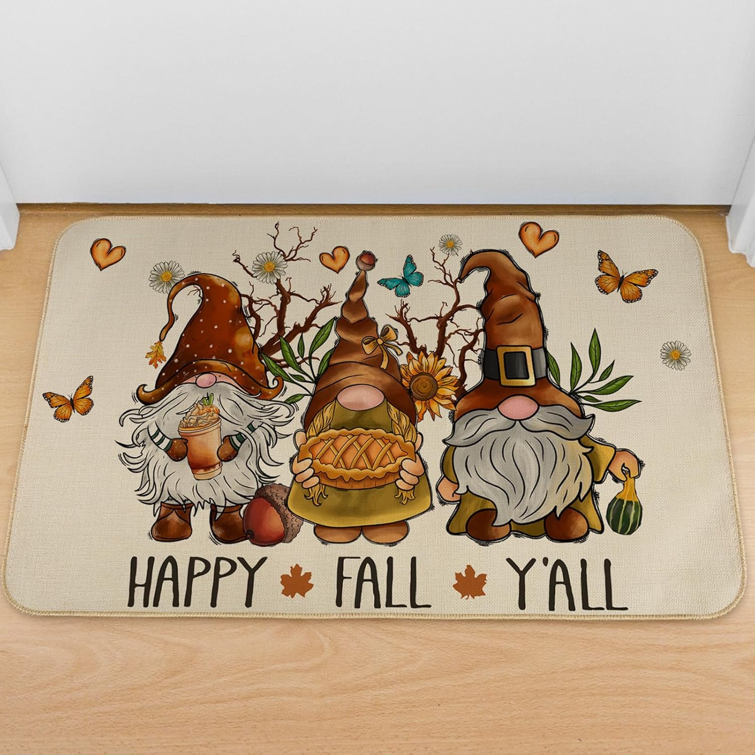 AnyDesign Happy Fall Y’all – Felpudo de otoño, gnomo, girasol, mariposa, tapete de entrada con goma antideslizante para cosecha de otoño, alfombra