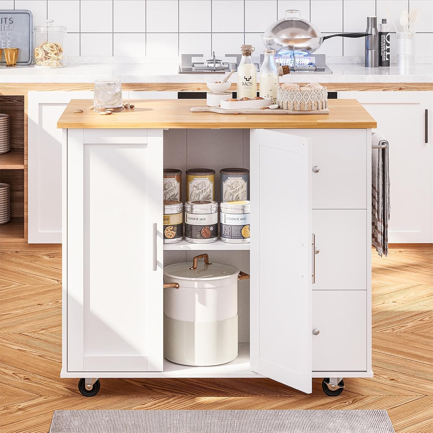 SUNLEI Isla de cocina con ruedas con armario de almacenamiento y hoja plegable, mesa de cocina rodante, asa de carrito para toallero, hoja caída,