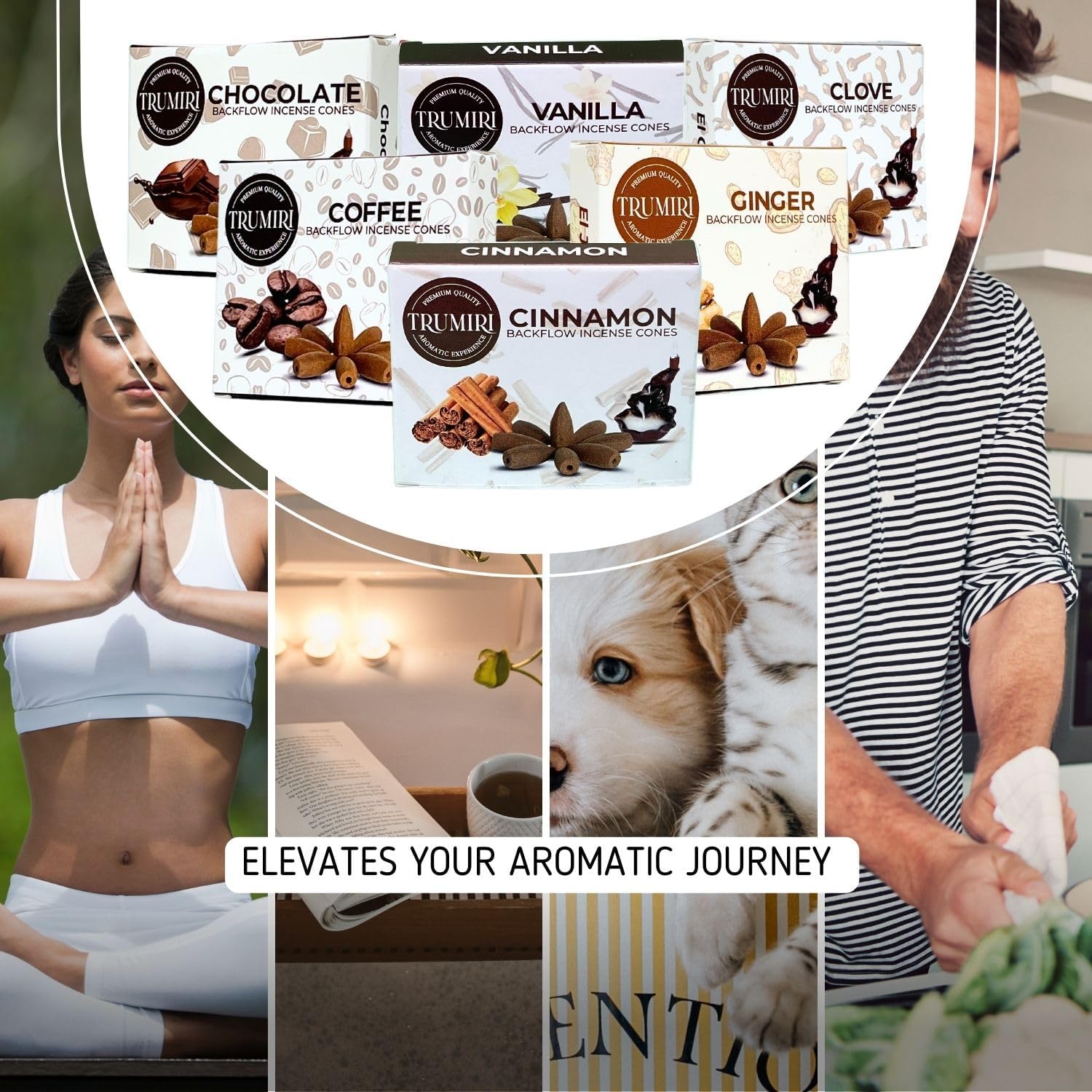 Trumiri Conos de incienso gourmet de reflujo  Paquete variado  Total 60 conos de incienso cascada (6 aromas x 10 conos)  Vainilla, canela, café,
