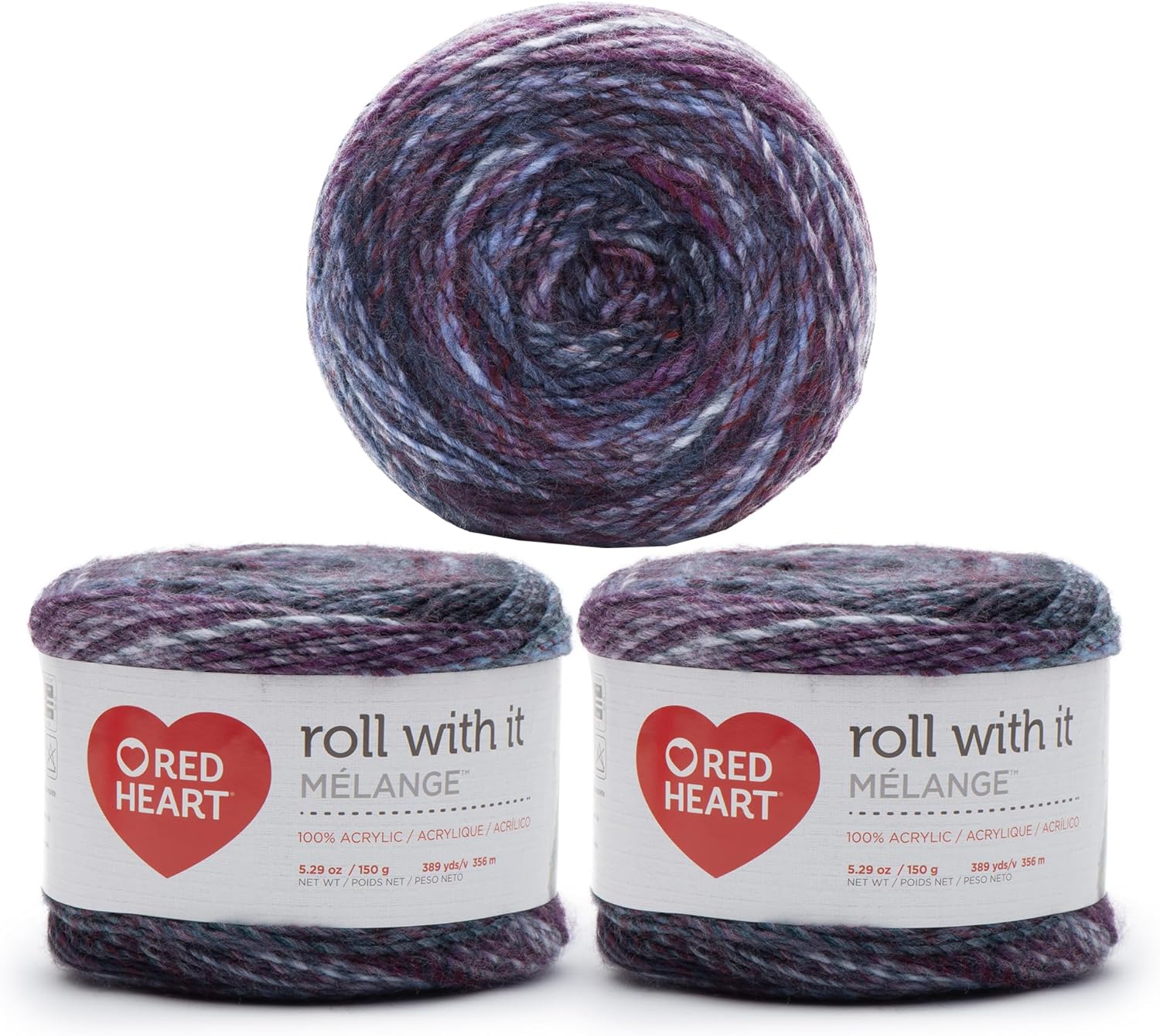 Red Heart Roll with It Melange – Hilo de autógrafo de mezcla  Paquete de 3 unidades de 5.29 oz5.3 onzas  Acrílico  4 medianos (peinado)  389 yardas