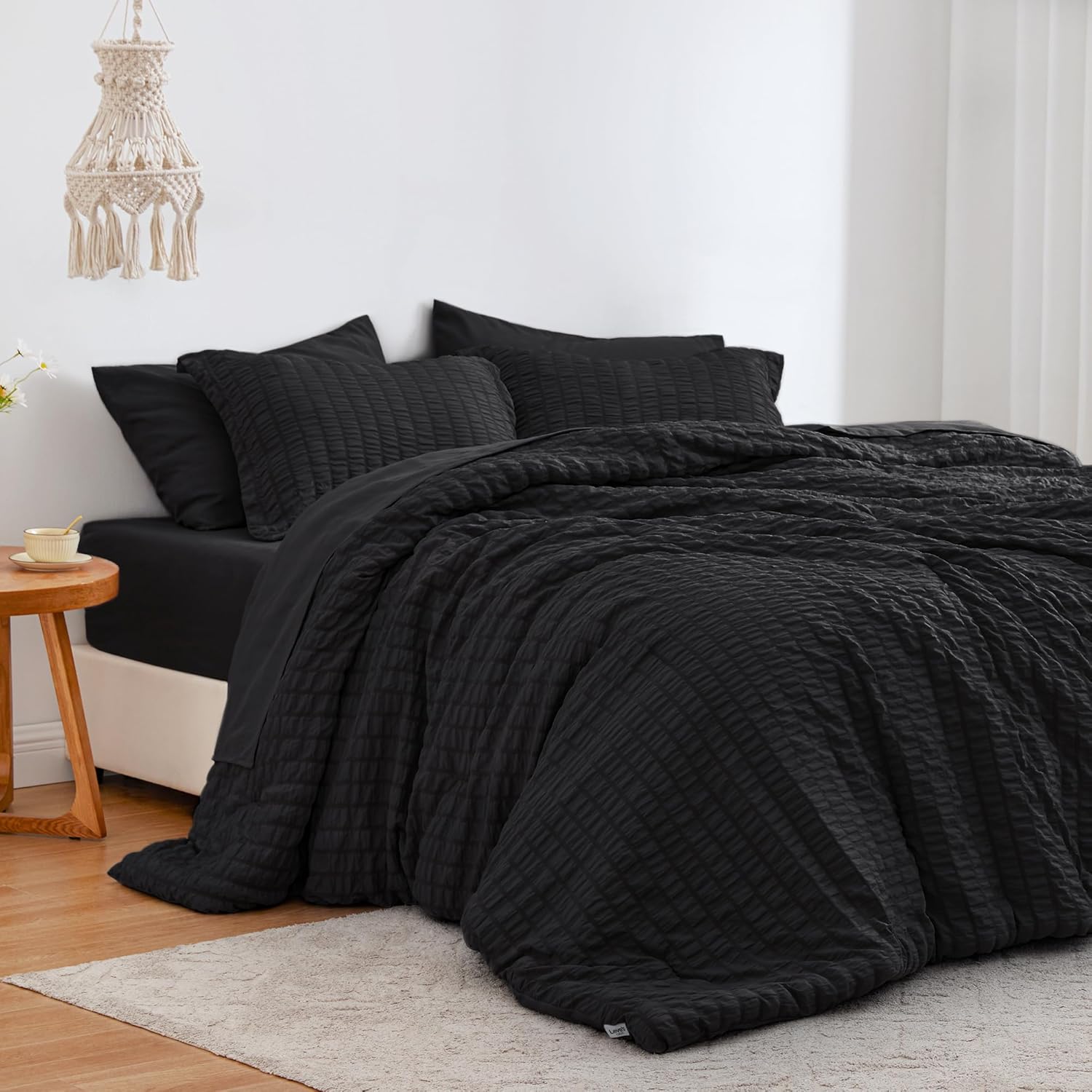 Love’s cabin Seersucker – Juego de edredón de 7 piezas, color negro, juego de ropa de cama ligero para todas las estaciones, juego de edredón de