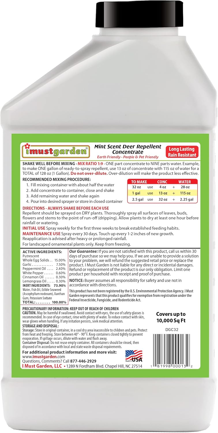 I Must Garden – Repelente de ciervos especial concentrado de 32 onzas + 32 onzas en aerosol listo para usar – Aroma natural a menta