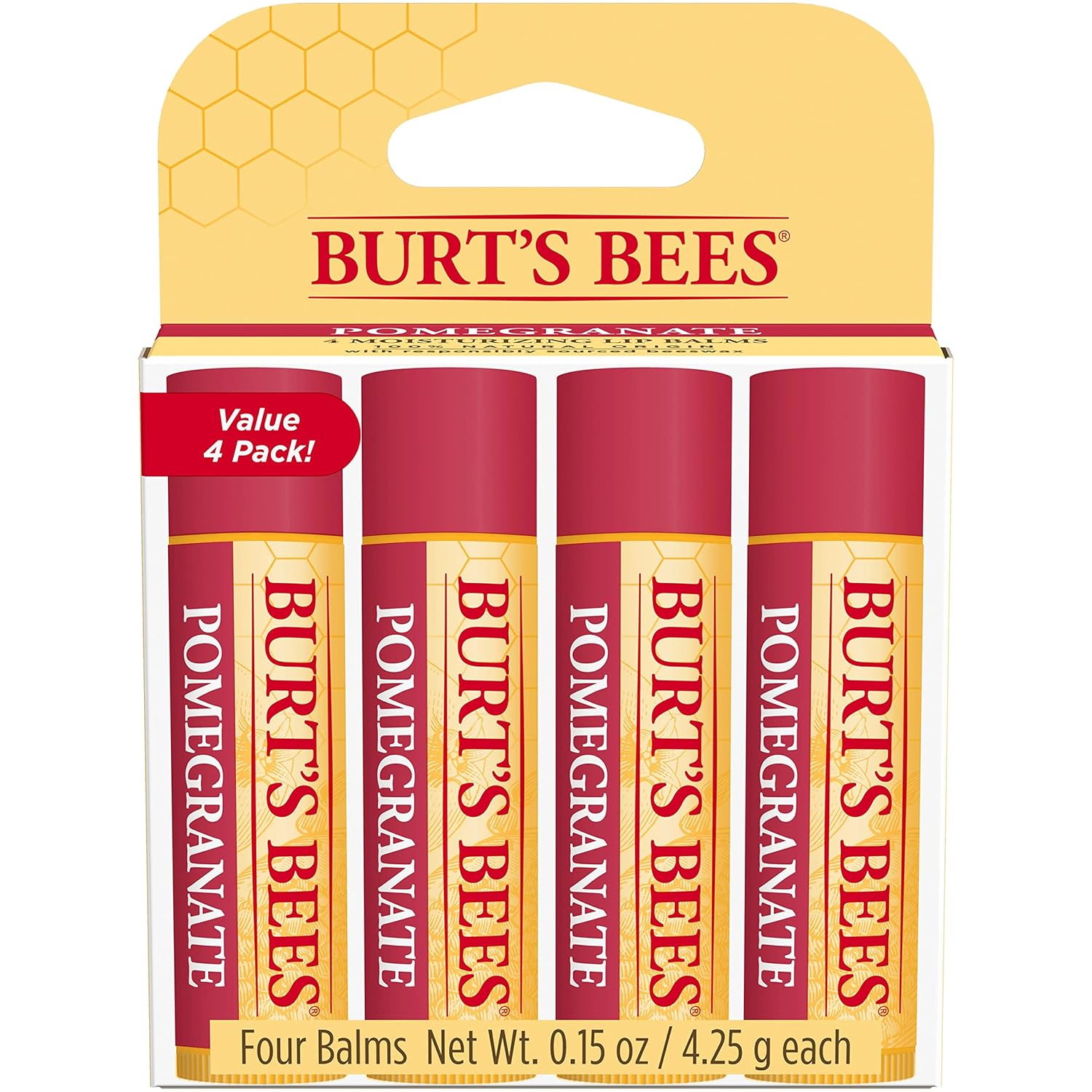 Burt’s Bees – Bálsamo labial, protector labial hidratante, totalmente natural, Original, granada (paquete de 4)