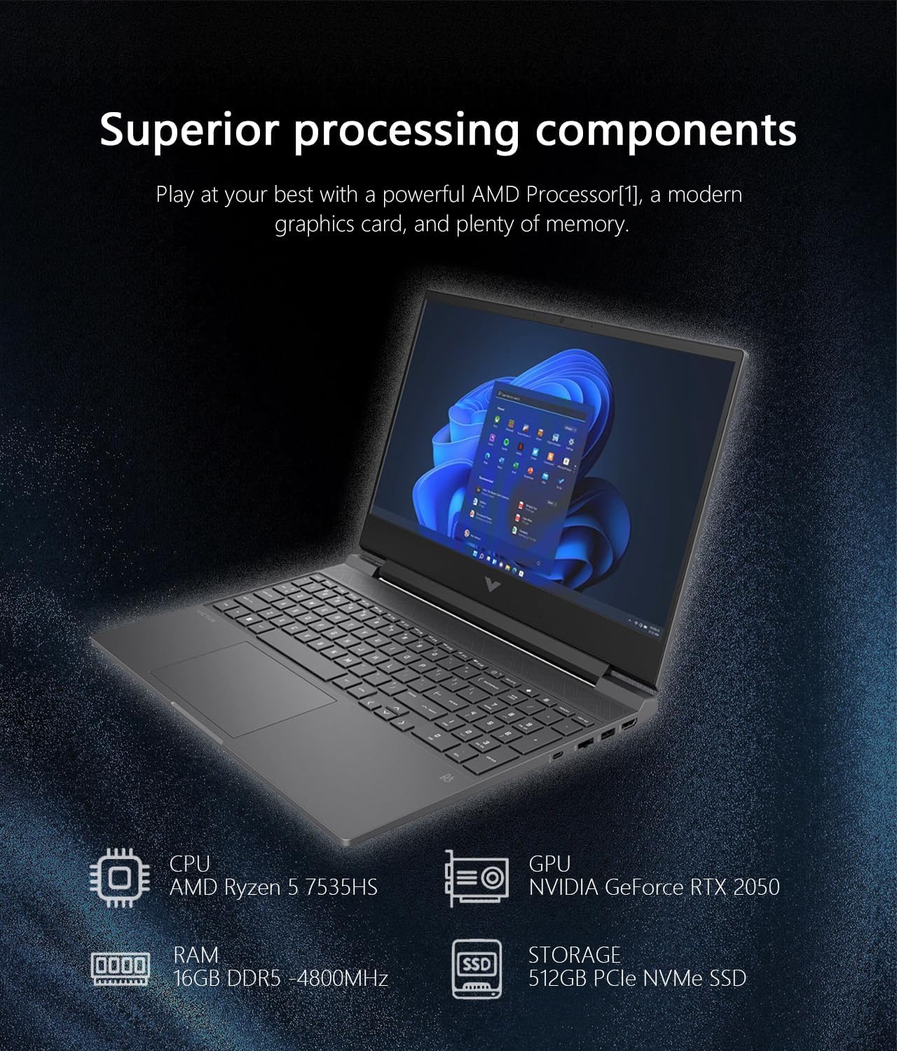 HP Victus – Laptop para juegos de 15.6 pulgadas, NVIDIA GeForce RTX 2050, AMD Ryzen 5 7535HS, 6 núcleos, 4.55 GHz, 16 GB de RAM, SSD de 512 GB,