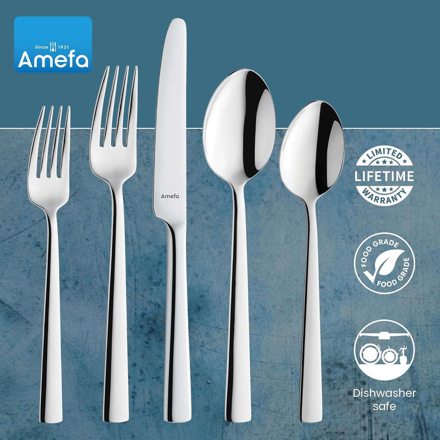 Amefa Moderno juego de cubiertos de acero inoxidable 1810 de 20 piezas, acabado de espejo de alto brillo, juego de cubiertos de servicio para 4,