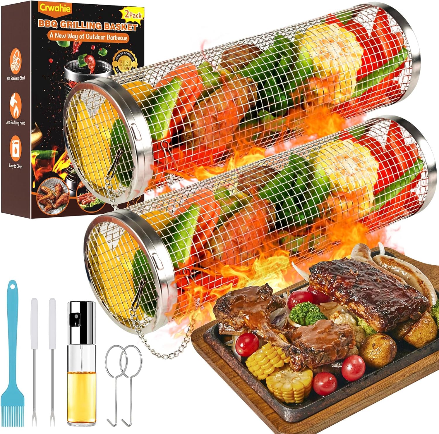 Cesta de parrilla para barbacoa, cesta rodante, accesorios de parrilla de malla de acero inoxidable, cestas de parrilla portátiles para parrilla al