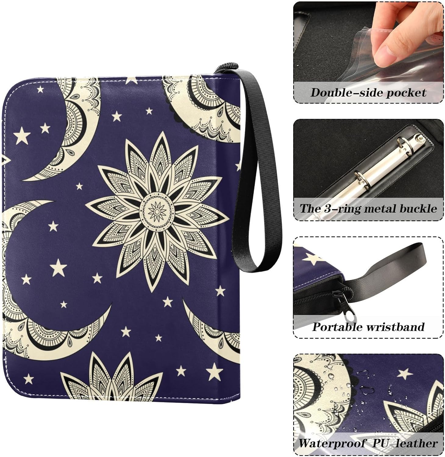 Carpeta de tarjetas coleccionables estilo bohemio vintage con diseño de luna, sol y estrellas, 4 bolsillos con 50 fundas extraíbles, carpeta de