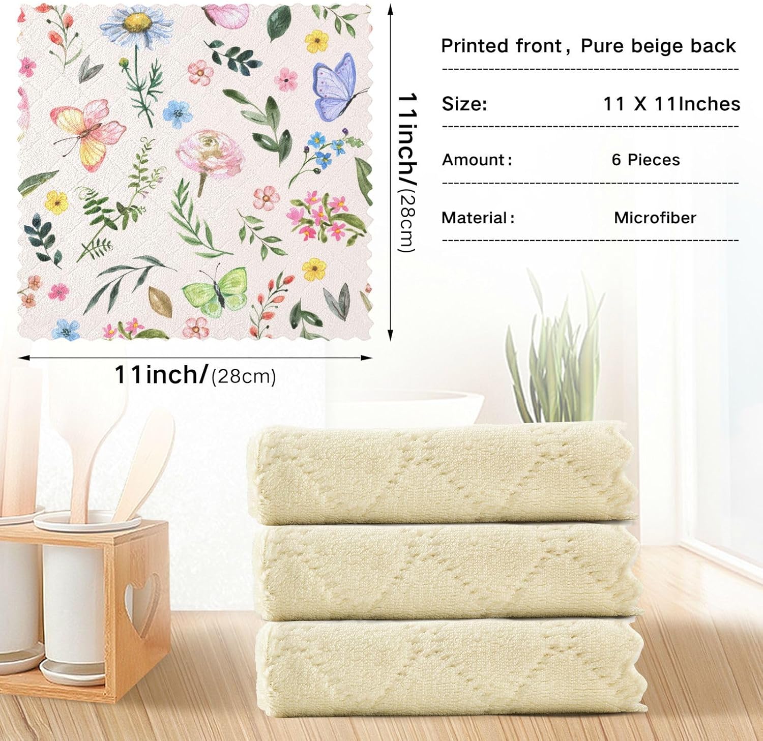Spring Wildflowers Leaf Butterfly Quality Decor Microfiber Dish Drying Towel Fast Drying 6 Pack Rags for Bathroom Coffee