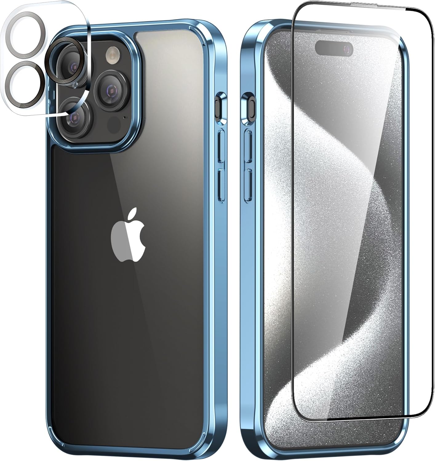 Foluu Funda ultradelgada para iPhone 15 Pro Max 2023 con protector de pantalla de vidrio templado y protector de lente de cámara, chapado duro