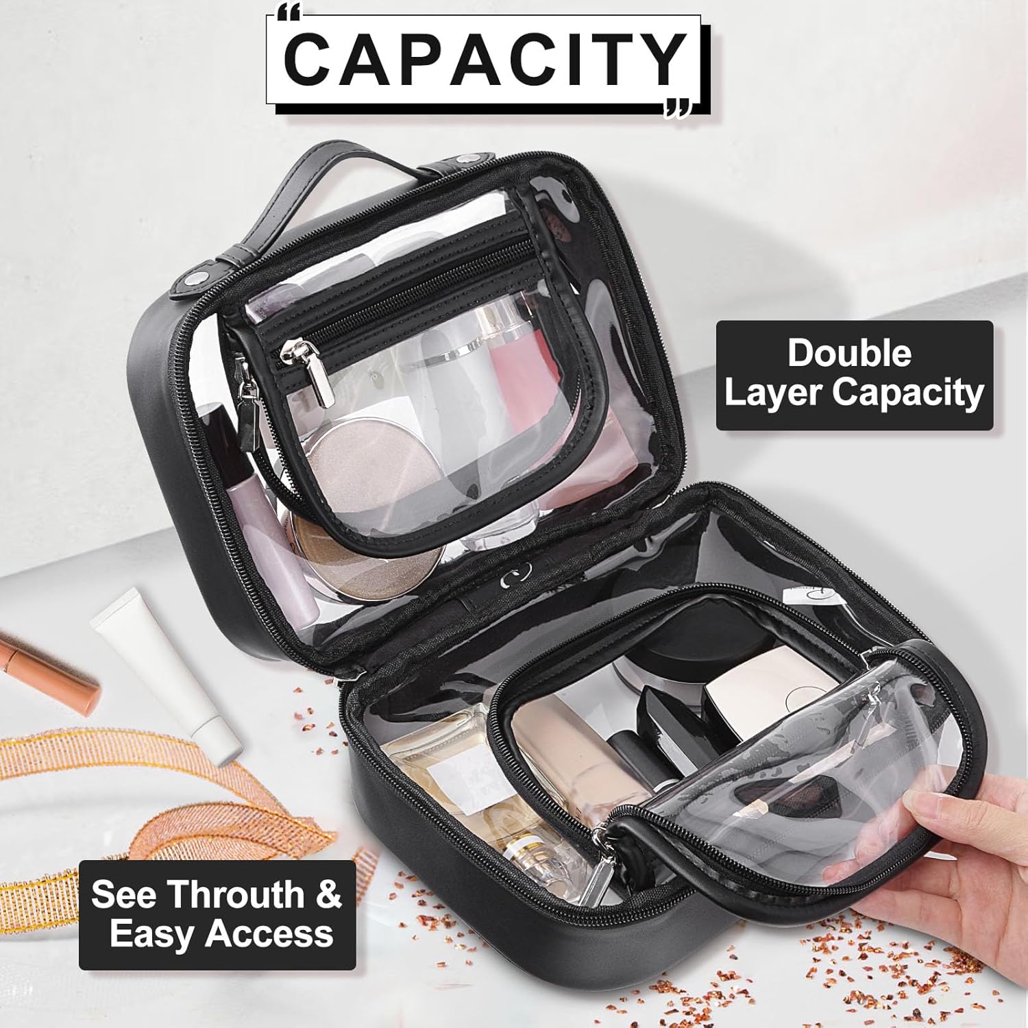 Cessfle Bolsa de maquillaje de viaje transparente de doble cara, bolsa de cosméticos de viaje impermeable, transparente, bolsa organizadora de