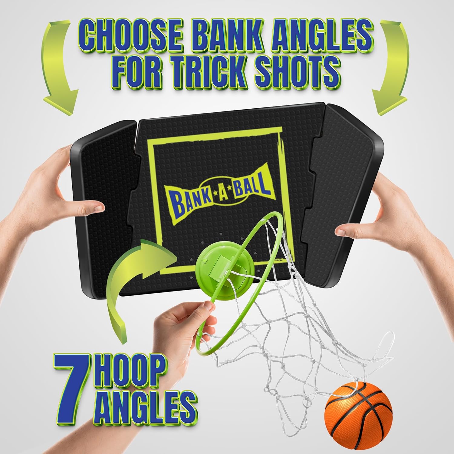 Bank-A-Ball Mini aro de baloncesto para adultos o niños, juego de juego ajustable portátil para interiores con bola, aro sobre la puerta con tablero
