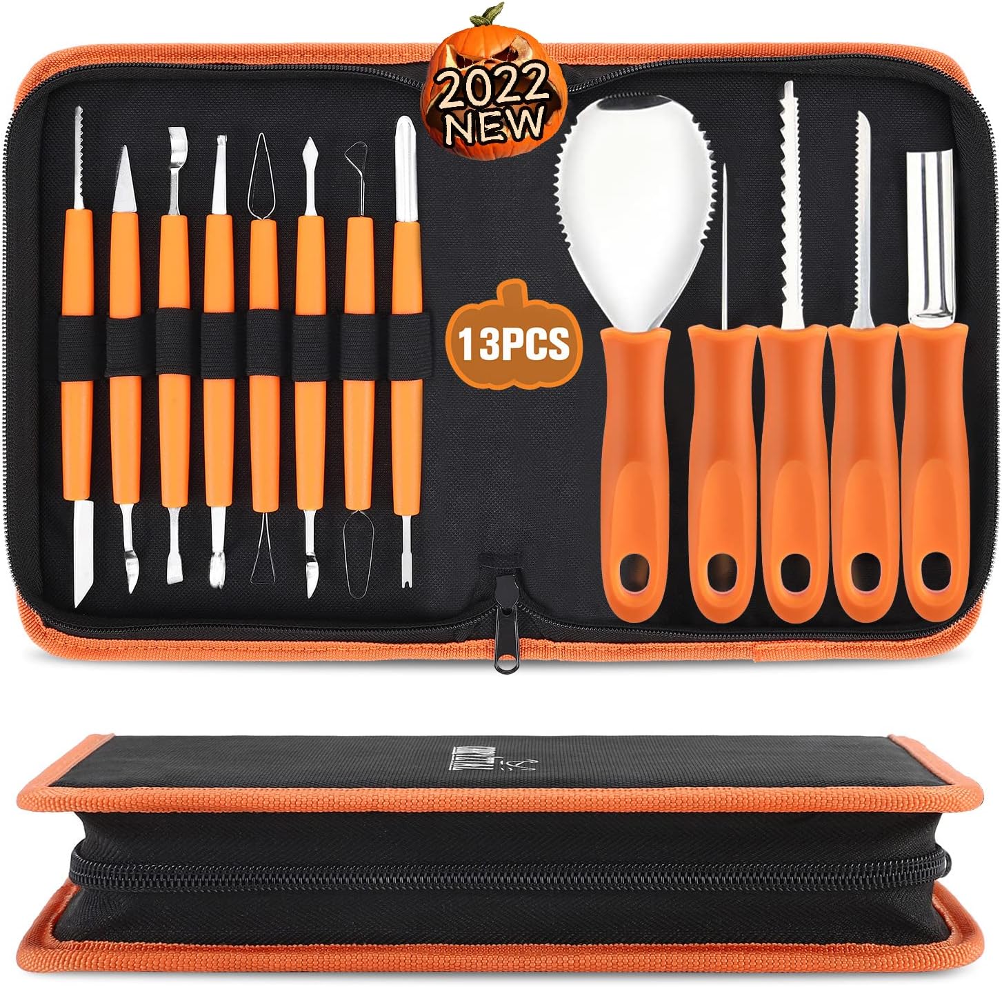 Kit de tallado de calabaza para Halloween, 13 piezas, juego profesional de tallado resistente, acero inoxidable de doble cara, kit de tallado para