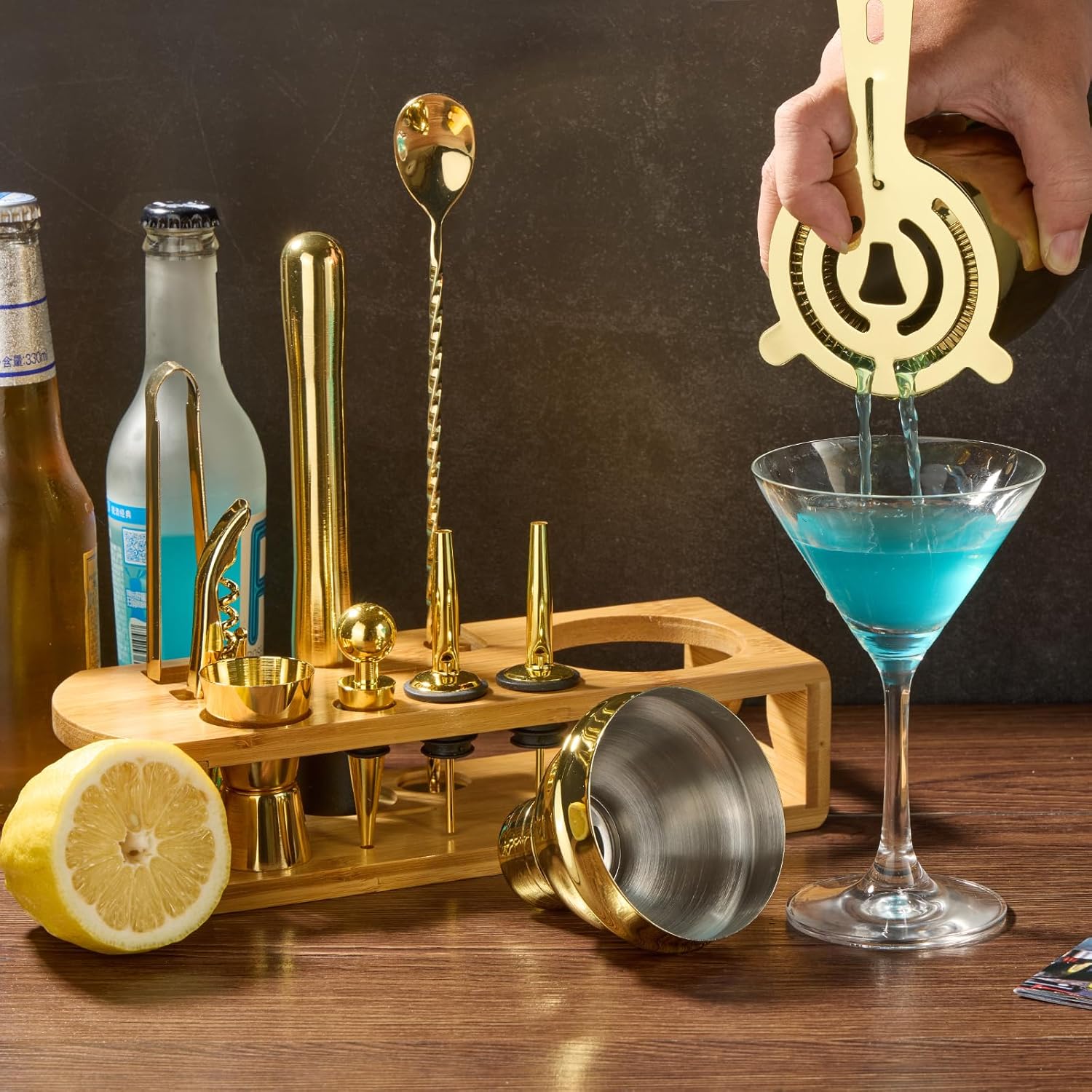 Juego de coctelera de camarero juego de herramientas de barra de 12 piezas con soporte de bambú  Juego de bar con todos los accesorios prácticos de